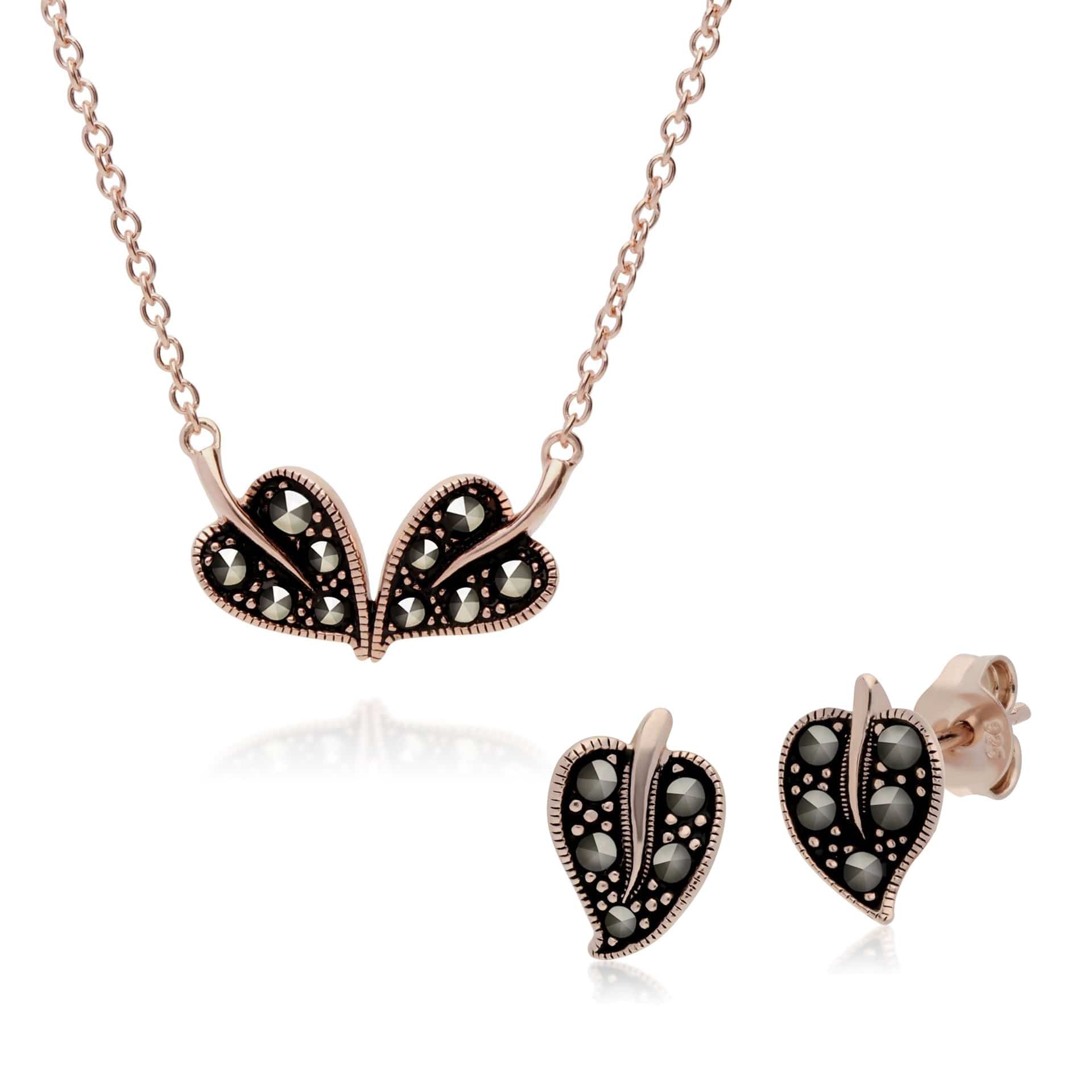224E023401925-224N017201925 Rose Gold Plated Marcasite Leaf Stud Earrings & Necklace Set in 925 Sterling Silver 1