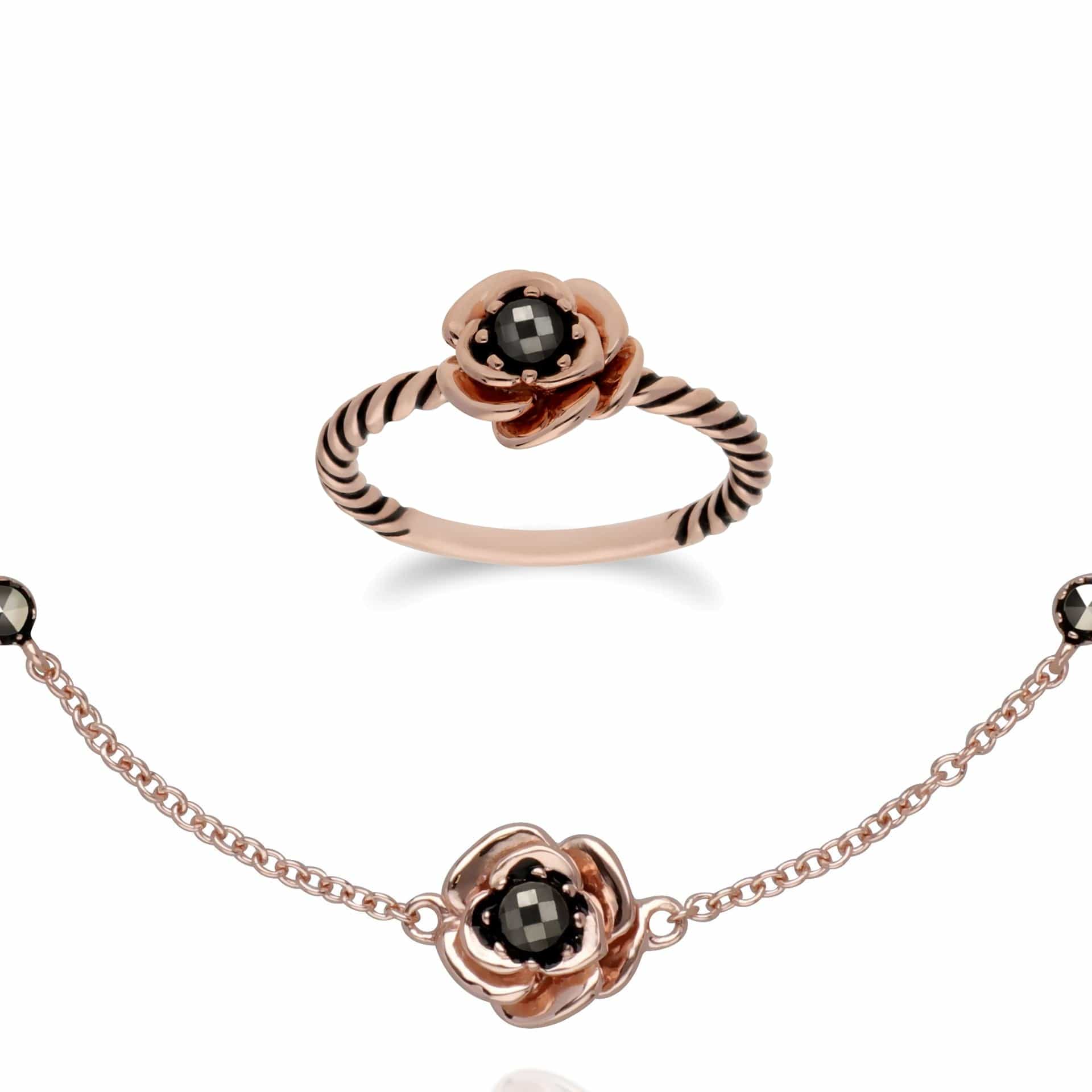 224L007501925-224R030401925 Rose Gold Plated Marcasite Flower Ring & Bracelet Set in 925 Sterling Silver 1