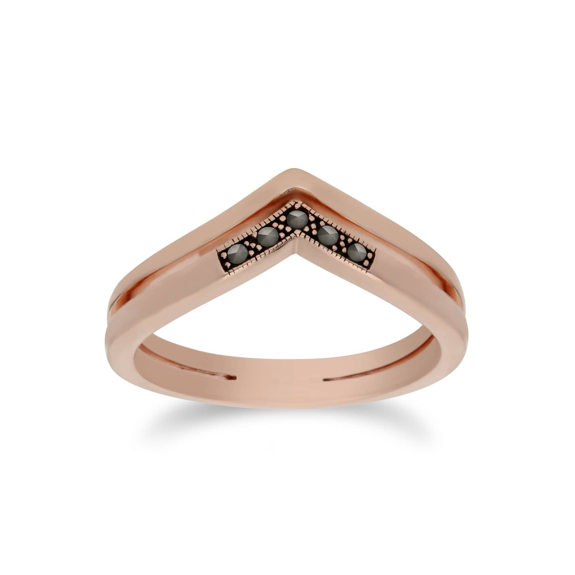 Rose Gold Plated Silver Marcasite Triangle Point Double Design Ring - Gemondo