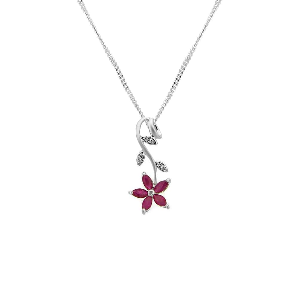 Floral Marquise Ruby & Diamond Pendant in 9ct White Gold - Gemondo