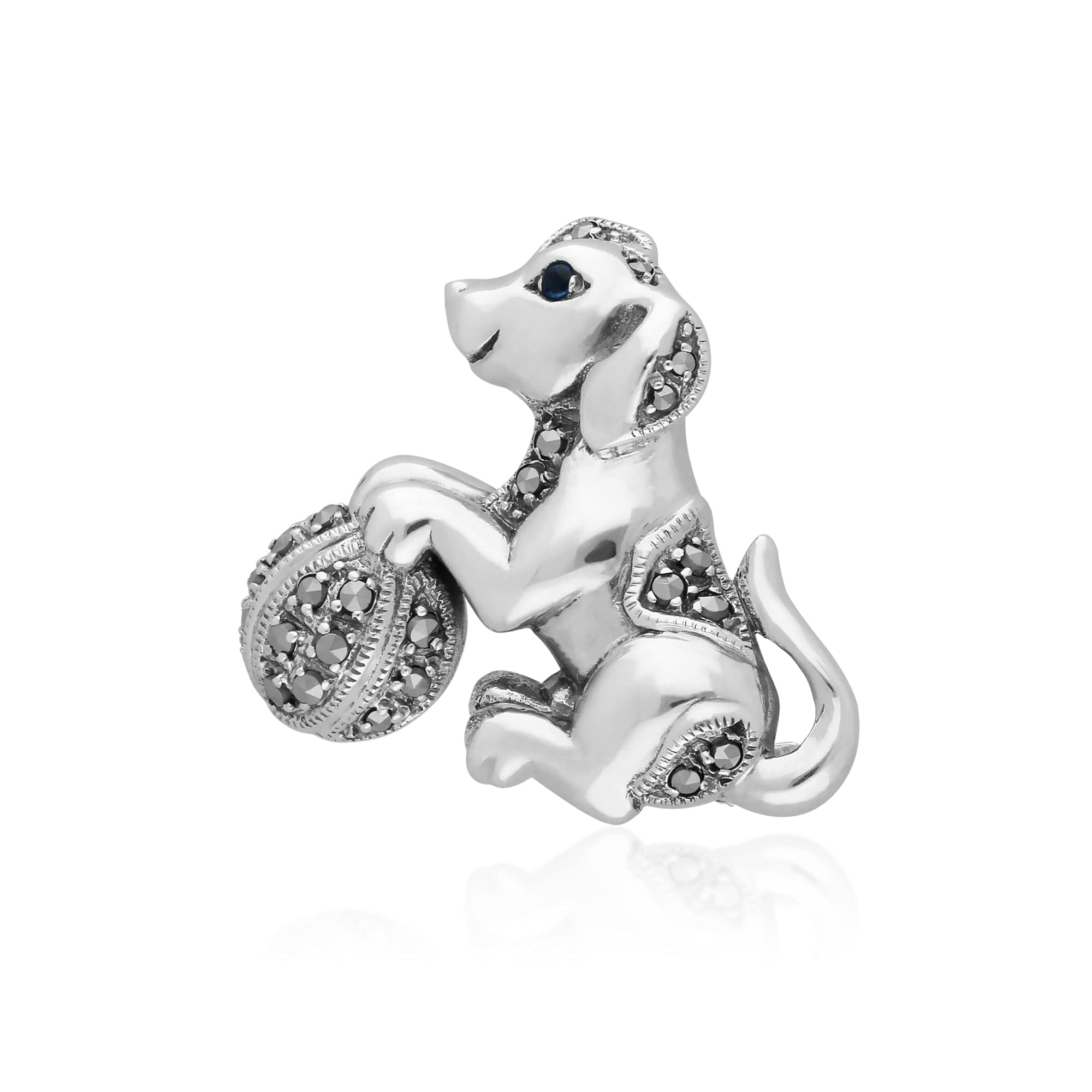 21874 Art Nouveau Round Marcasite & Sapphire Playful Dog Brooch in 925 Sterling Silver 1