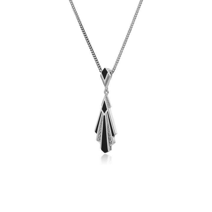 234P018401925 Art Deco Style Triangle Black Onyx & Marcasite Fan Pendant in 925 Sterling Silver 2