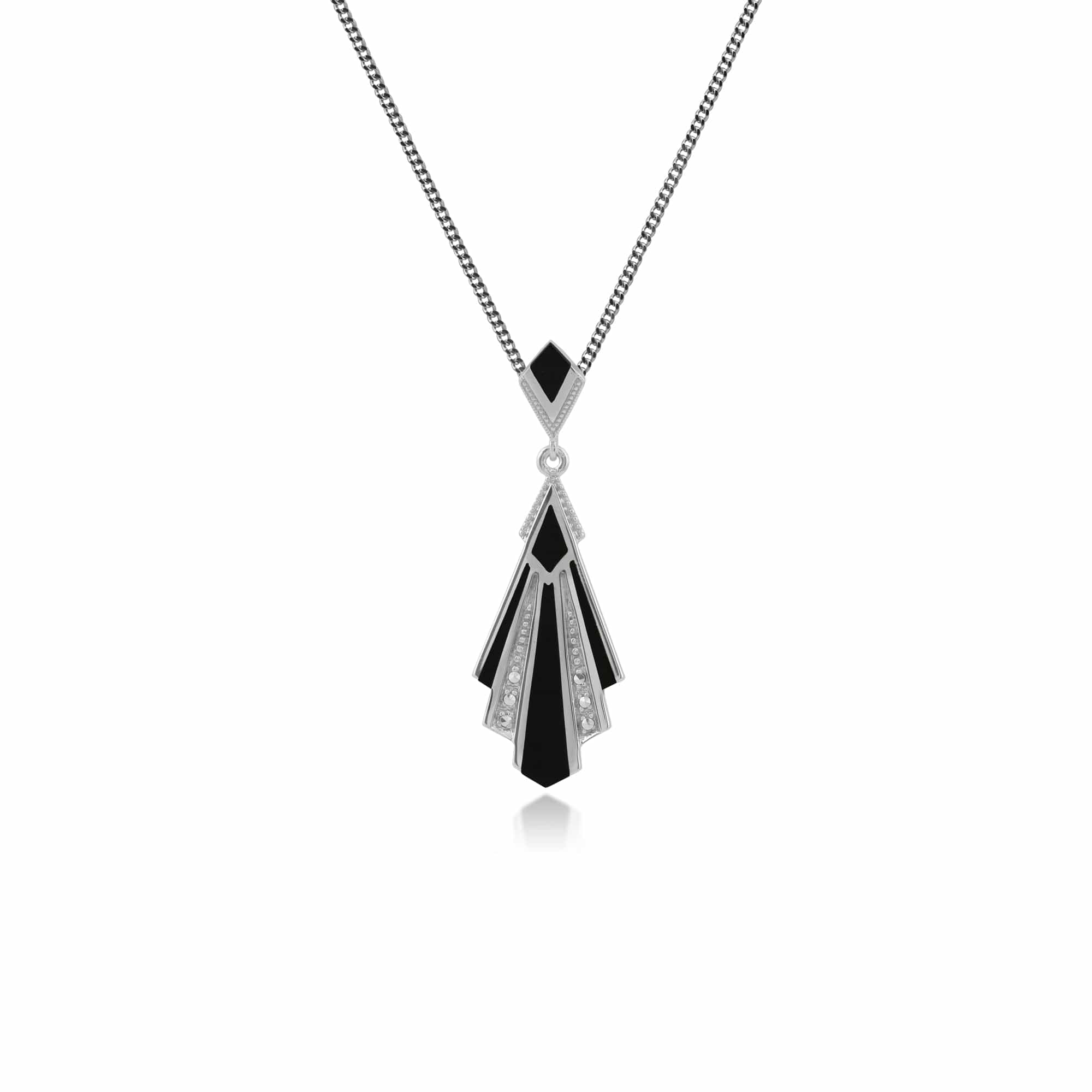 Art Deco Style Triangle Black Onyx & Marcasite Fan Pendant in 925 Sterling Silver - Gemondo