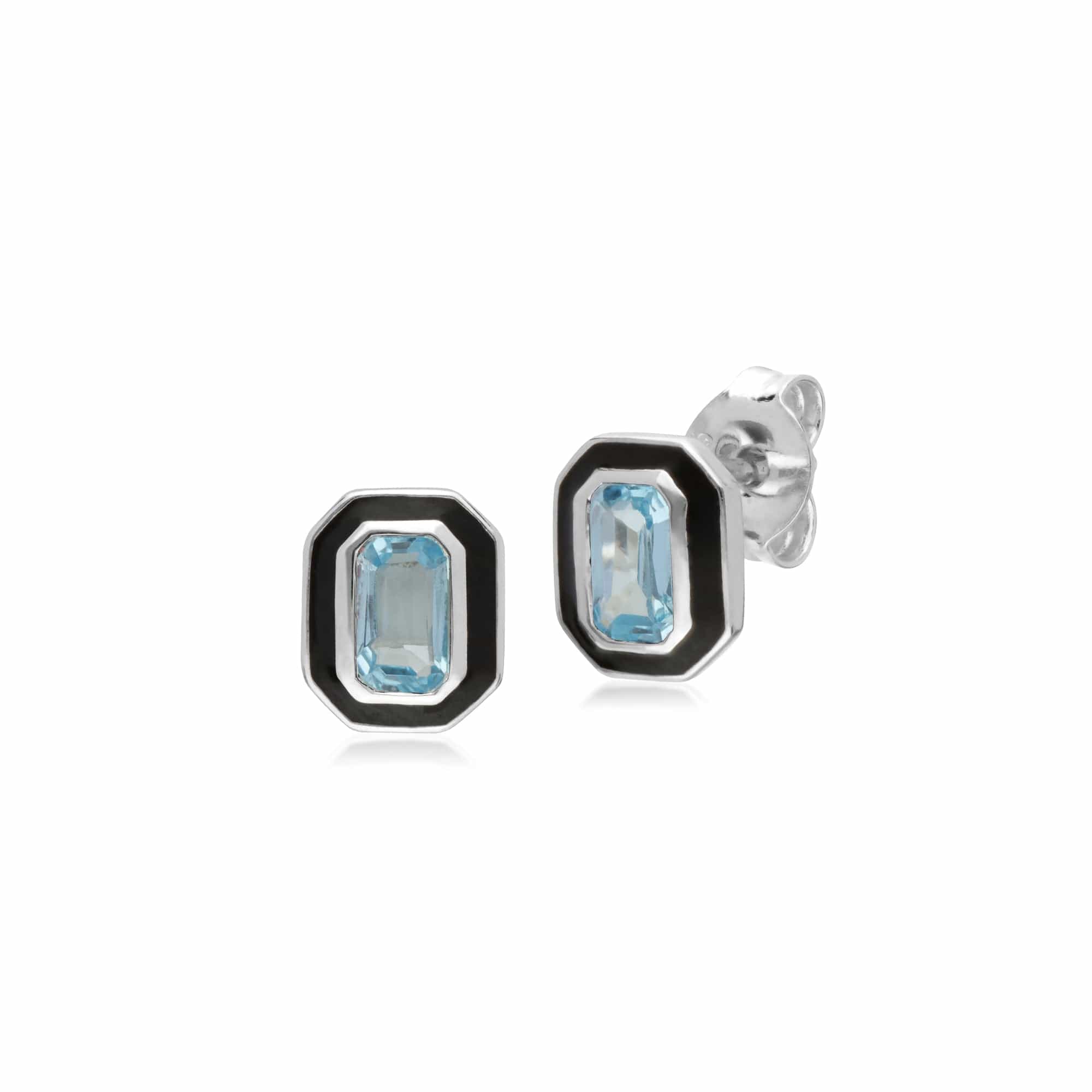 241E121002925 Art Deco Style Octagon Blue Topaz & Black Enamel Stud Earrings In Sterling Silver 1