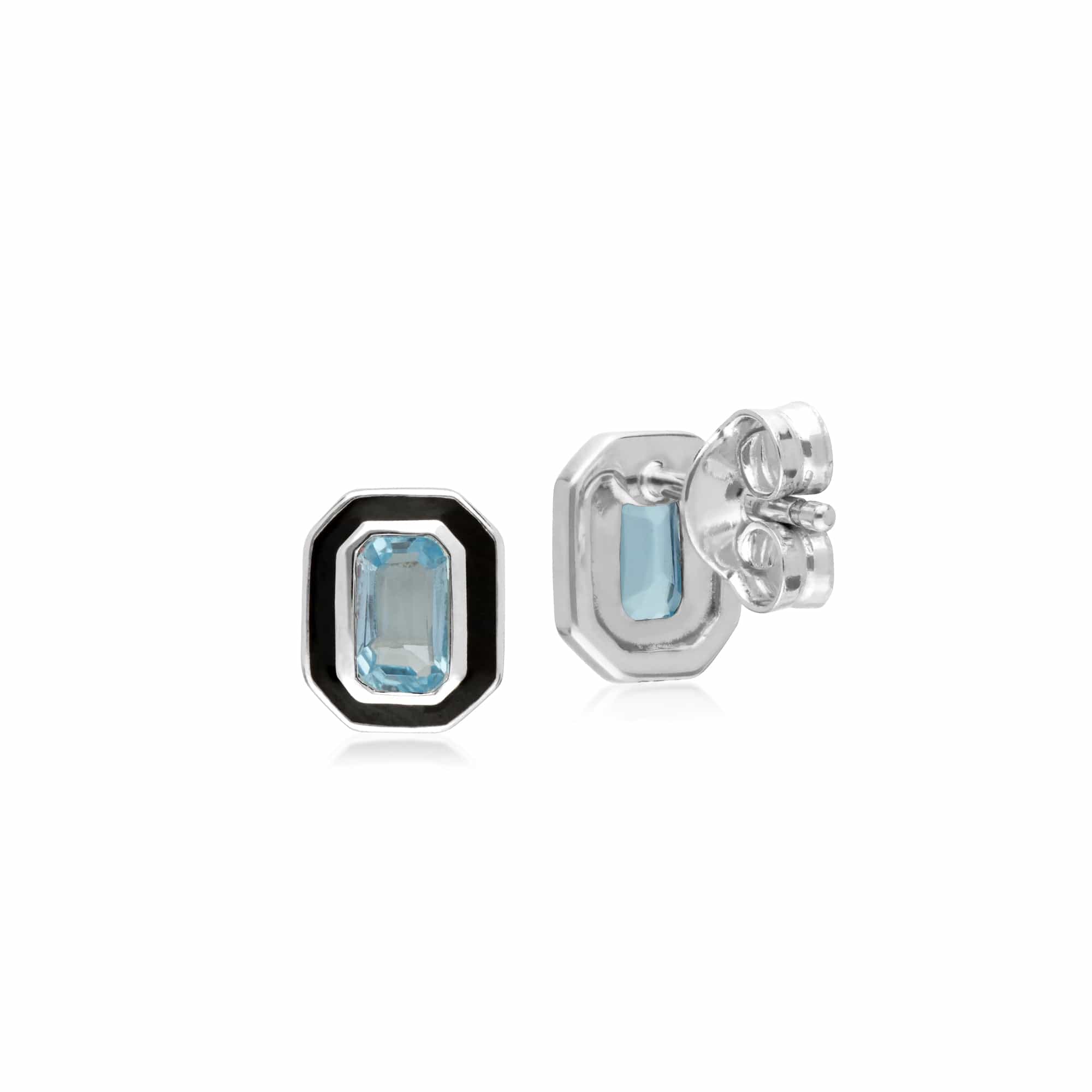 241E121002925 Art Deco Style Octagon Blue Topaz & Black Enamel Stud Earrings In Sterling Silver 2