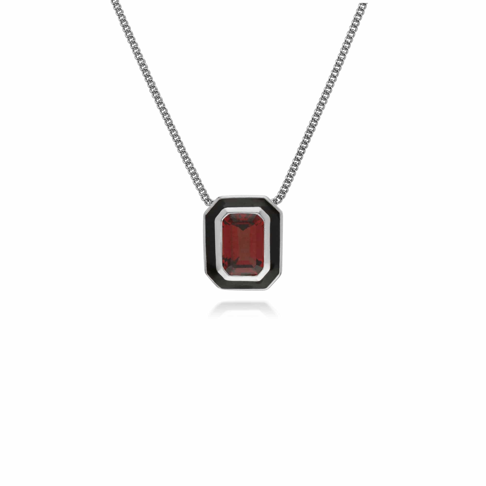 241P097207925 Art Deco Style Octagon Garnet & Black Enamel Necklace in 925 Sterling Silver 1