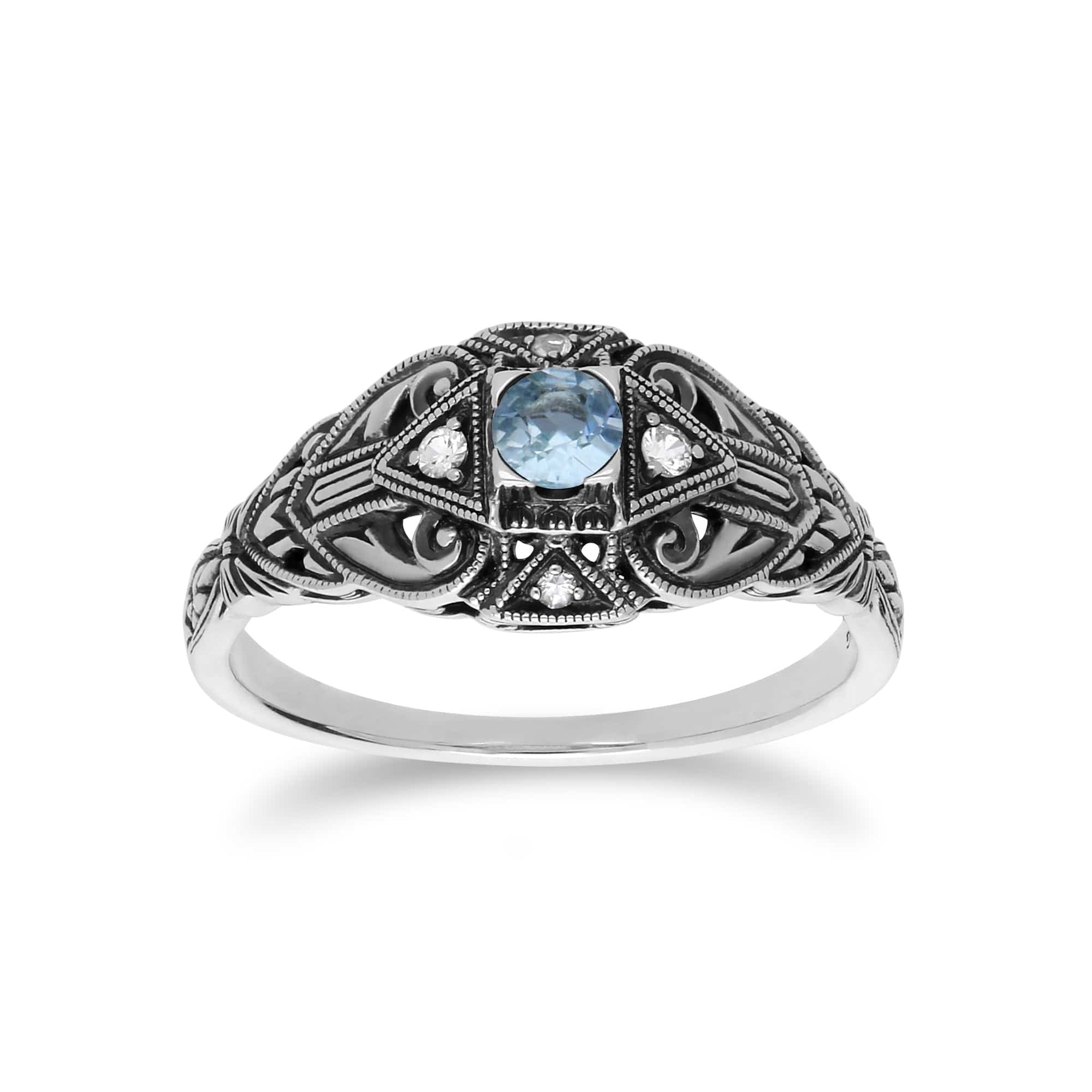 Art Deco Style Round Blue Topaz & White Topaz  Ring in 925 Sterling Silver - Gemondo
