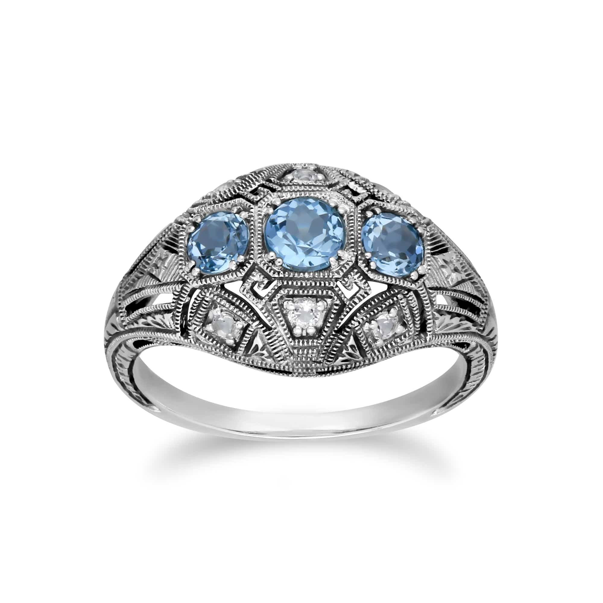 Art Deco Style Round Blue & White Topaz Three Stone Ring in 925 Sterling Silver