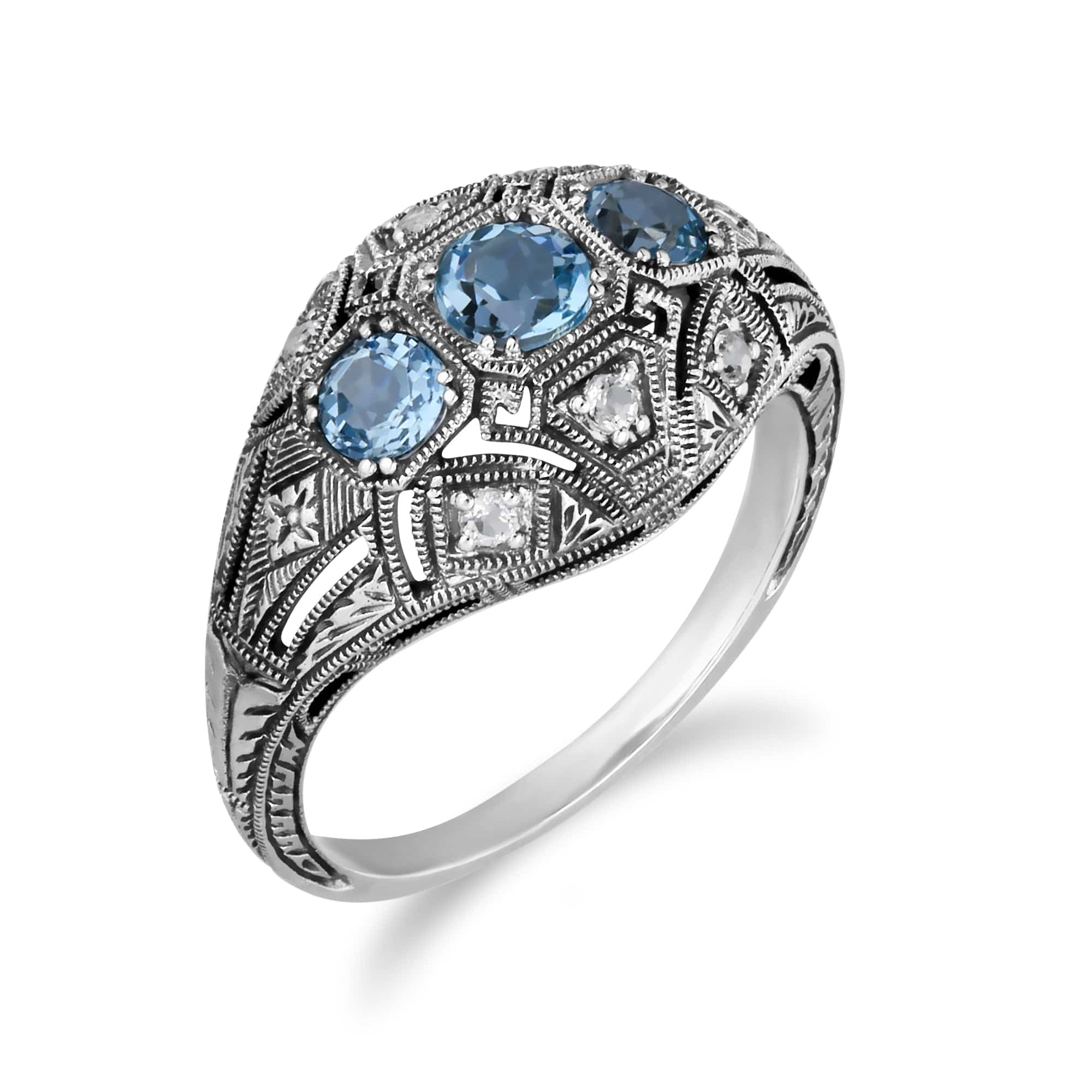 Art Deco Style Round Blue & White Topaz Three Stone Ring in 925 Sterling Silver - Gemondo