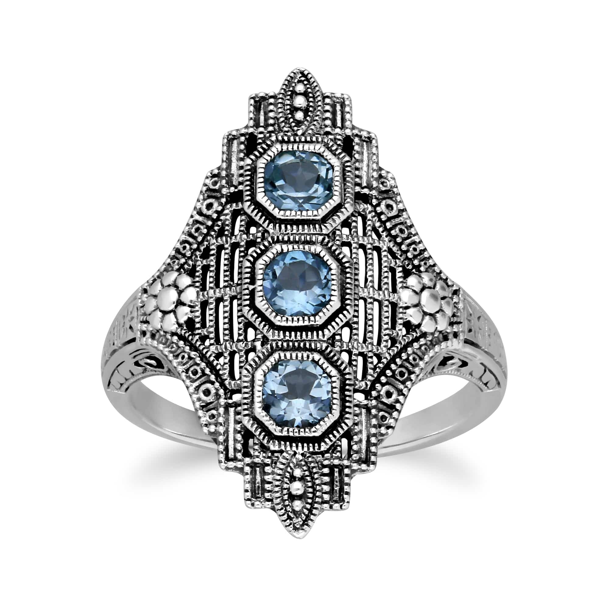 Art Nouveau Style Octagon Blue Topaz Three Stone Filigree Statement Ring in 925 Sterling Silver - Gemondo