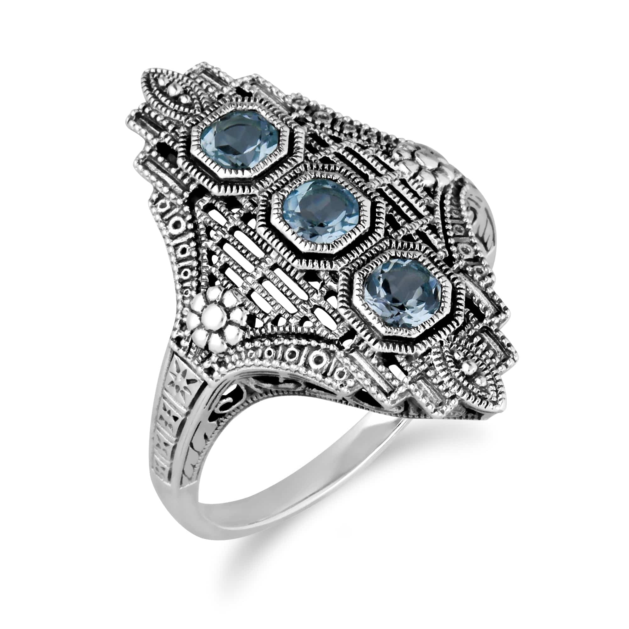 241R210503925 Art Nouveau Style Octagon Blue Topaz Three Stone Filigree Statement Ring in 925 Sterling Silver 3