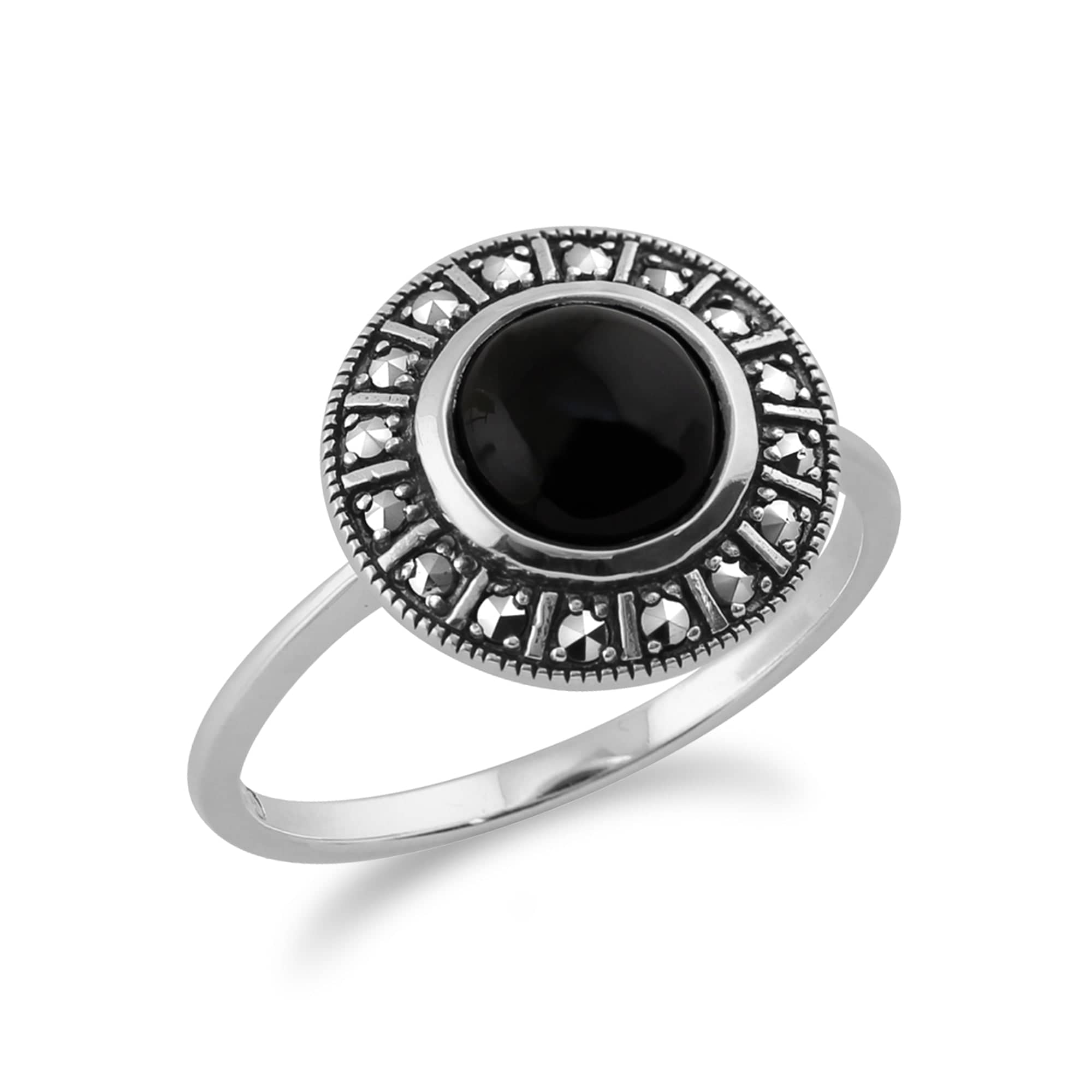 Art Deco Style Round Black Onyx Cabochon & Marcasite Halo Ring in 925 Sterling Silver - Gemondo