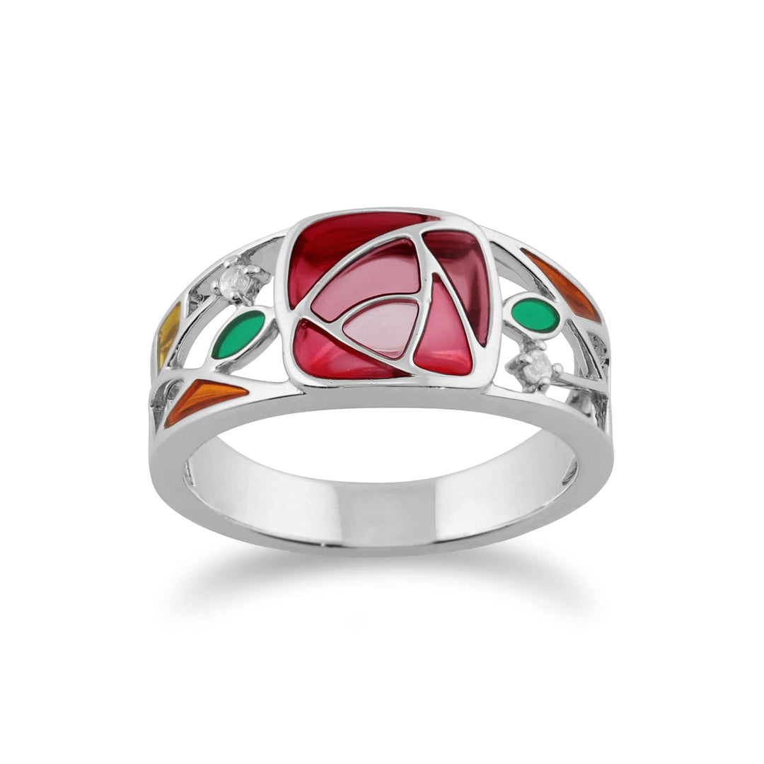 Rennie Mackintosh Round White Topaz & Enamel Glasgow Rose Band Ring in 925 Sterling Silver - Gemondo