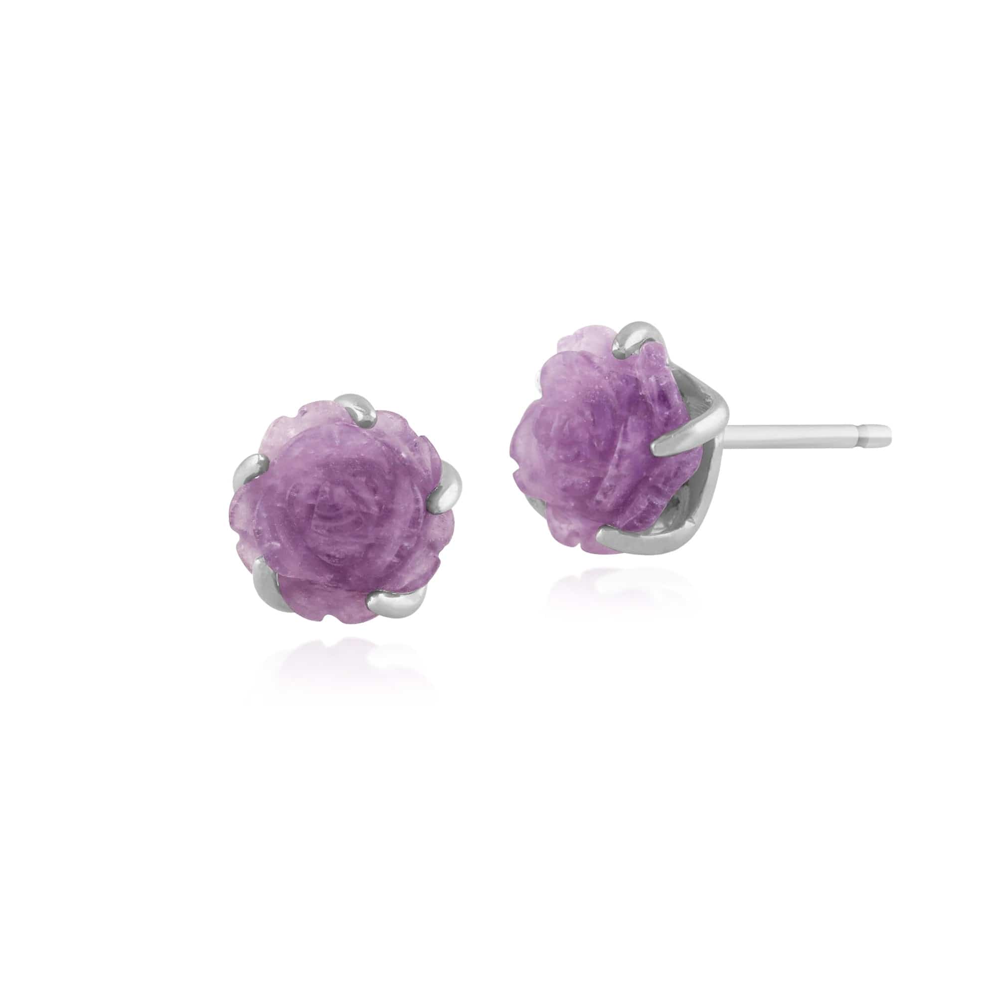 Floral Carved Amethyst Rose Stud Earrings in 925 Sterling Silver 8mm - Gemondo