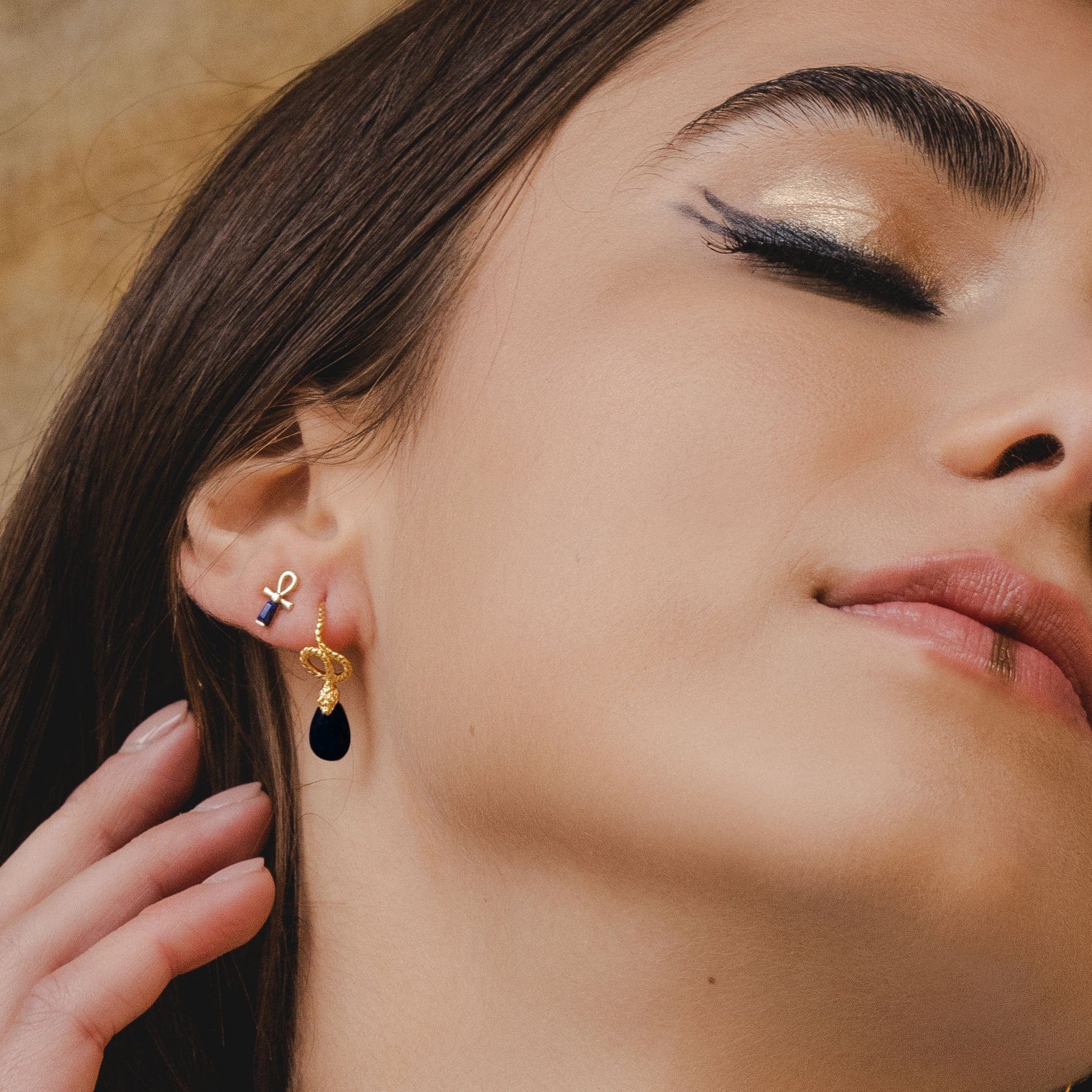 ECFEW™ 'The Ruler' Onyx Winding Snake Drop Earrings on model