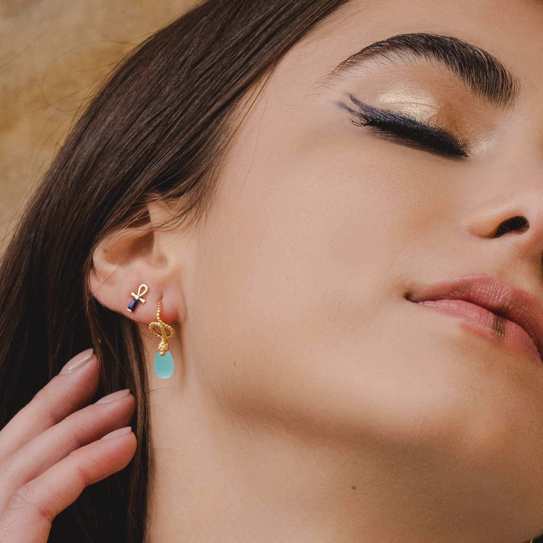 Model wearing ECFEW™ 'The Ruler' Turquoise Winding Snake Drop Earrings