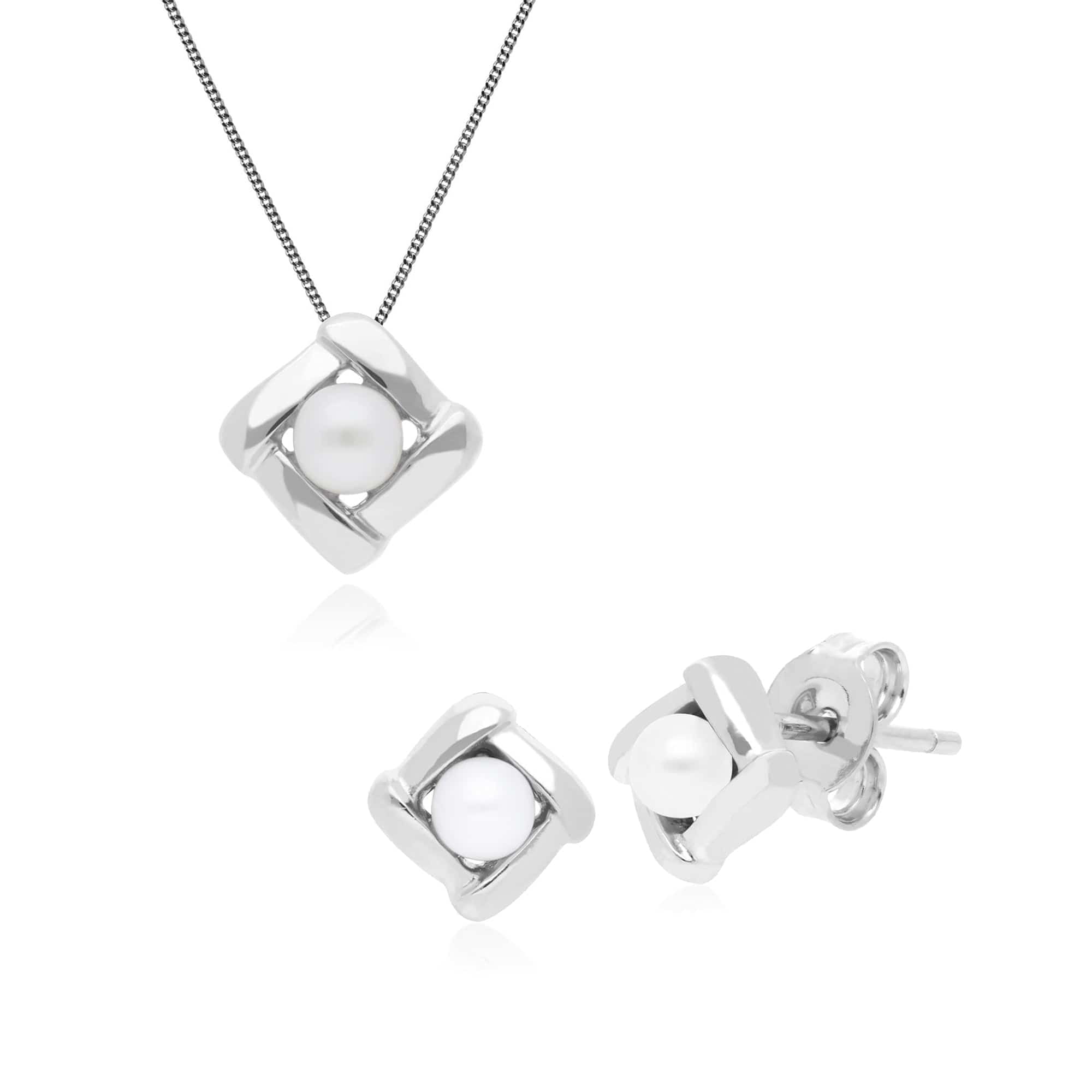 253E222101925-253P246001925 Essential Round Pearl Square Crossover Stud Earrings & Pendant Set in 925 Sterling Silver 1