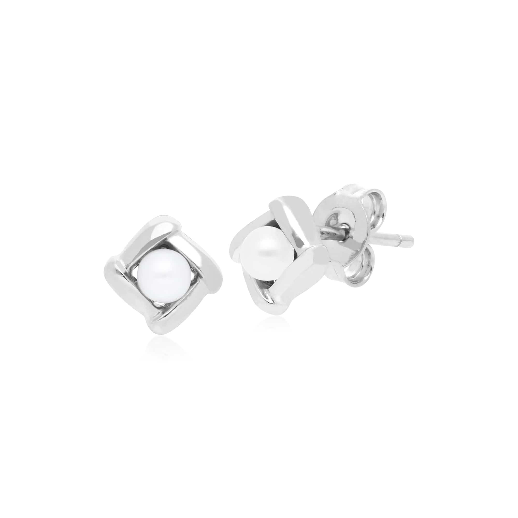 Essential Round Pearl Square Crossover Stud Earrings & Pendant Set in 925 Sterling Silver - Gemondo