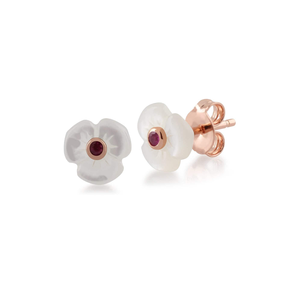 Floral Round Ruby & Mother of Pearl Poppy Stud Earrings & Ring Set in Rose Gold Plated 925 Sterling Silver - Gemondo