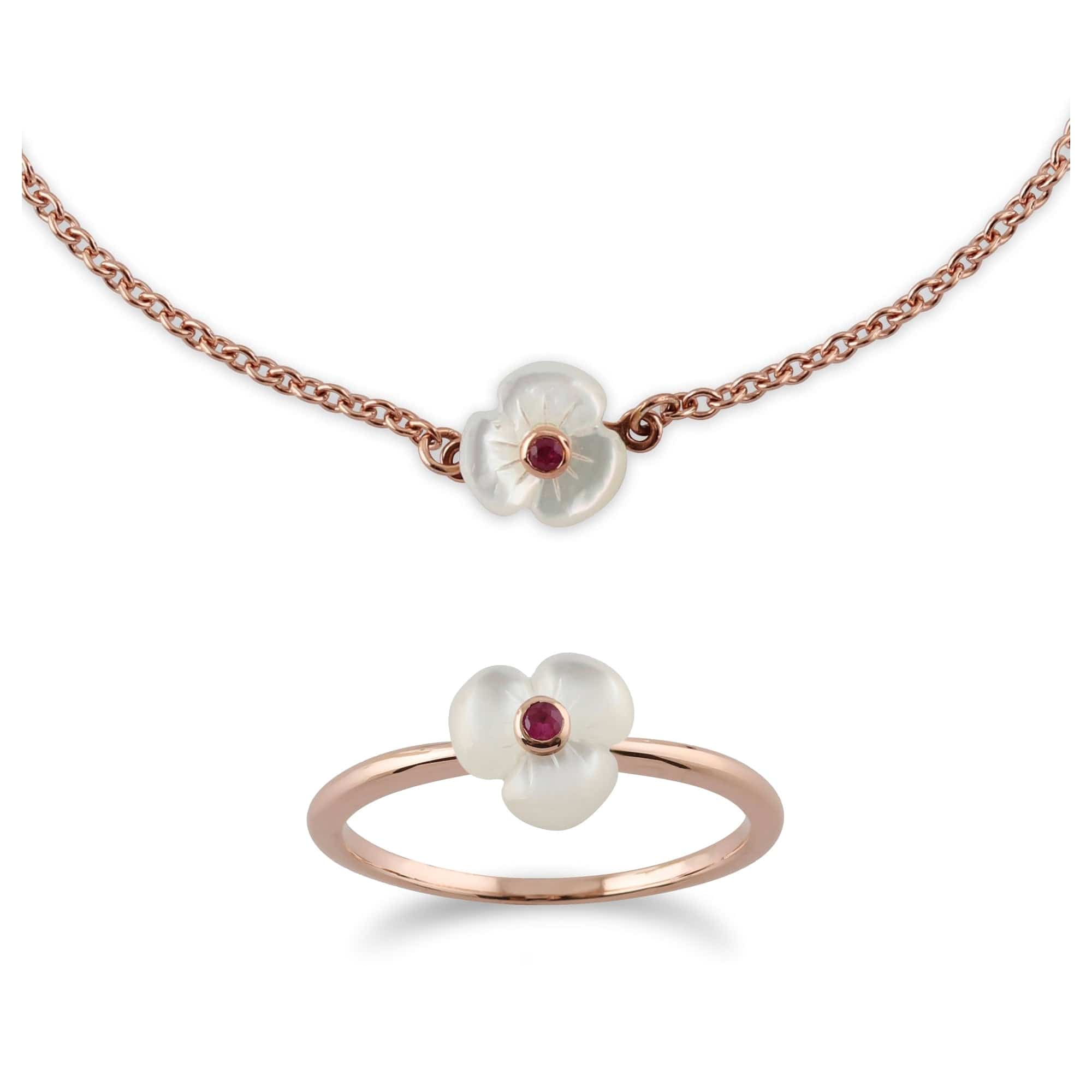 253L098901925-235R517101925 Floral Round Ruby & Mother of Pearl Poppy Bracelet & Ring Set in Rose Gold Plated Silver 1