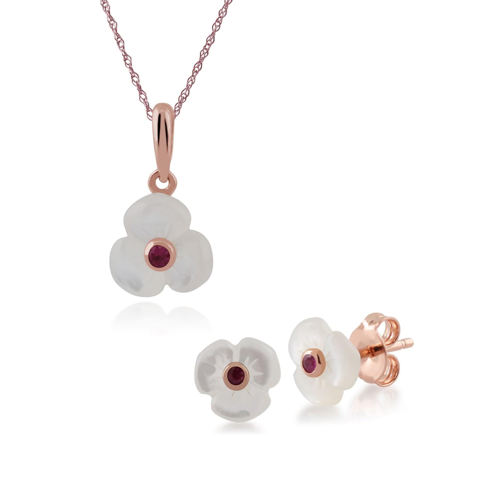 253E224101925-253P247201925 Floral Round Ruby & Mother of Pearl Daisy Stud Earrings & Pendant Set in Rose Gold Plated 925 Sterling Silver 1