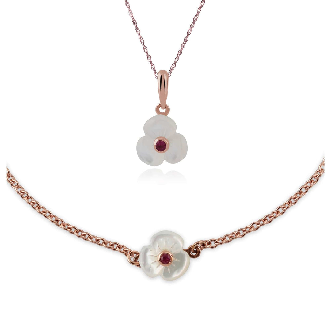 253P247201925-253L098901925 Floral Round Ruby & Mother of Pearl Daisy Pendant & Bracelet Set in Rose Gold Plated 925 Sterling Silver 1
