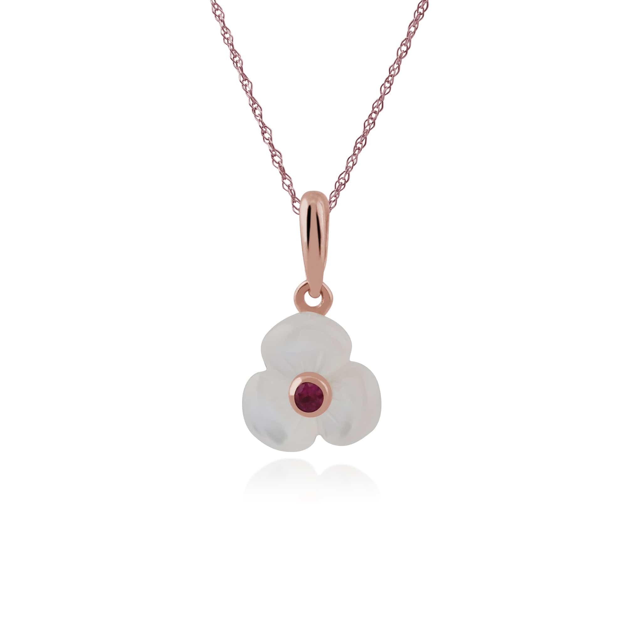Floral Round Ruby & Mother of Pearl Daisy Stud Earrings & Pendant Set in Rose Gold Plated 925 Sterling Silver - Gemondo