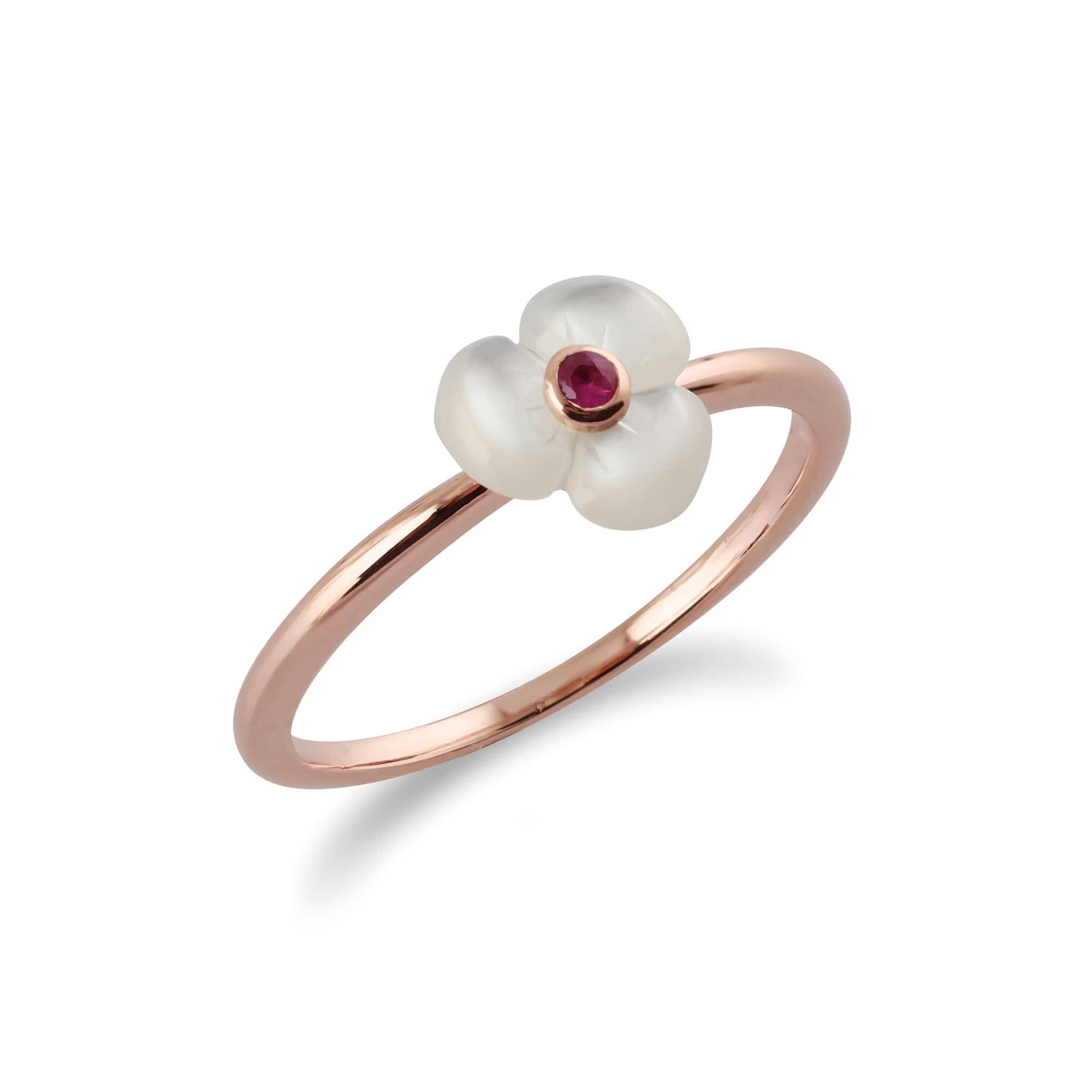 Floral Round Ruby & Mother of Pearl Poppy Ring in Rose Gold Plated 925 Sterling Silver - Gemondo