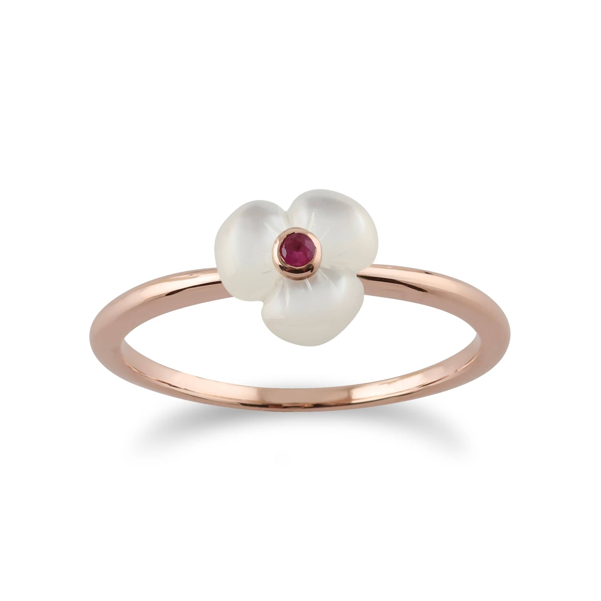 Floral Round Ruby & Mother of Pearl Poppy Pendant & Ring Set in Rose Gold Plated 925 Sterling Silver - Gemondo