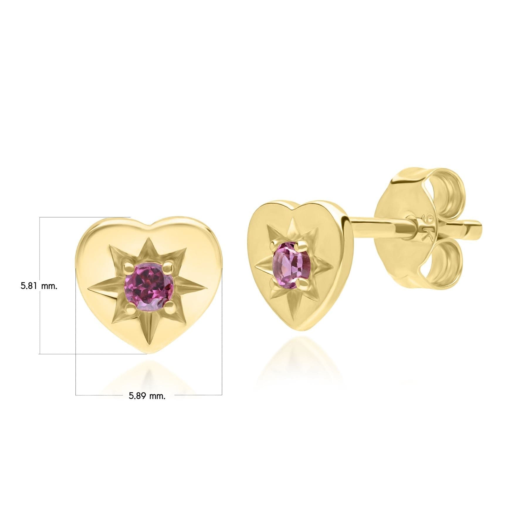 135E1820019 ECFEW™ 'The Liberator' Rhodolite Heart Stud Earrings in 9ct Yellow Gold Dimensions