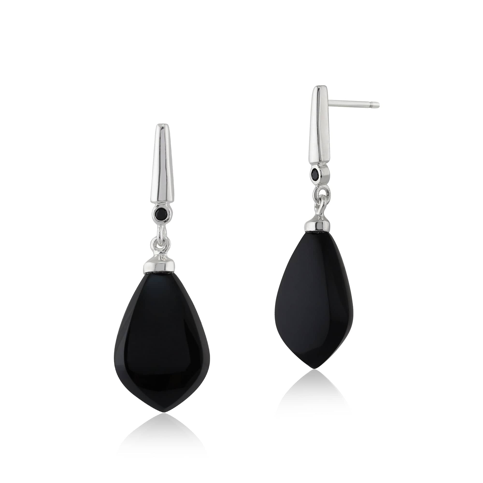 Art Deco Style Pear Black Onyx & Black Spinel Drop Earrings in 925 Sterling Silver - Gemondo