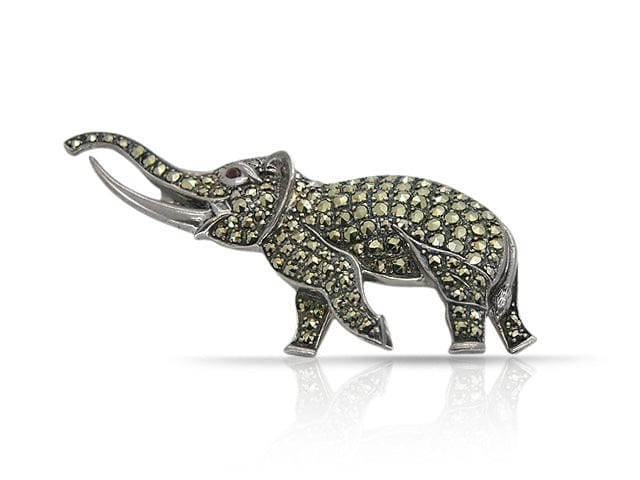 925 Sterling Silver Marcasite & Ruby Elephant Brooch Image