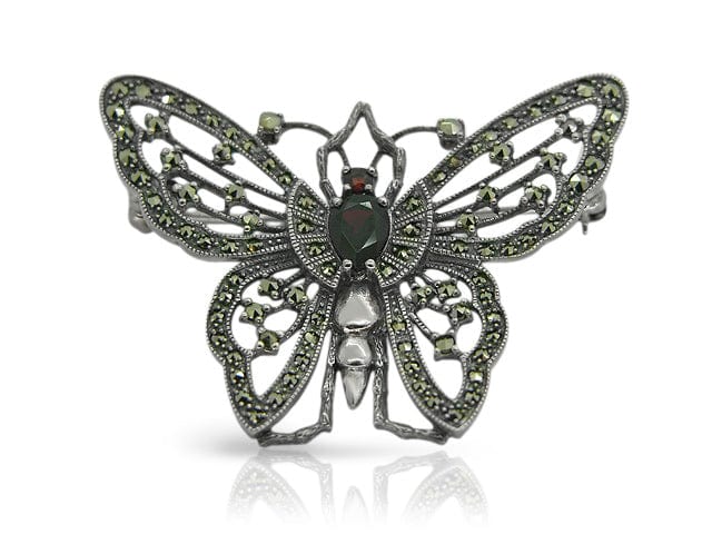 925 Sterling Silver Marcasite & Garnet Butterfly Brooch Image
