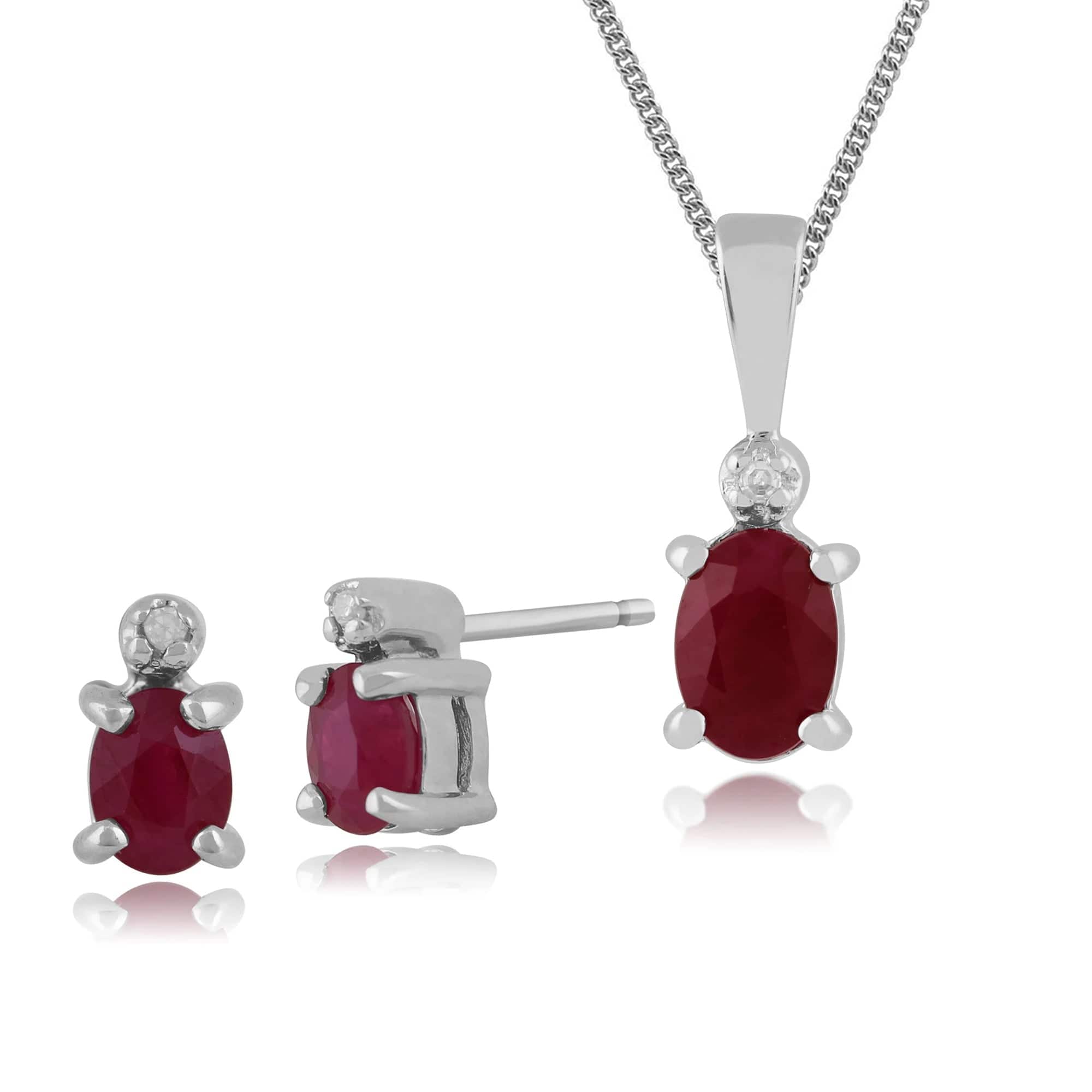 26901-181P0641109 Classic Oval Ruby & Diamond Stud Earrings & Pendant Set in 9ct White Gold 1
