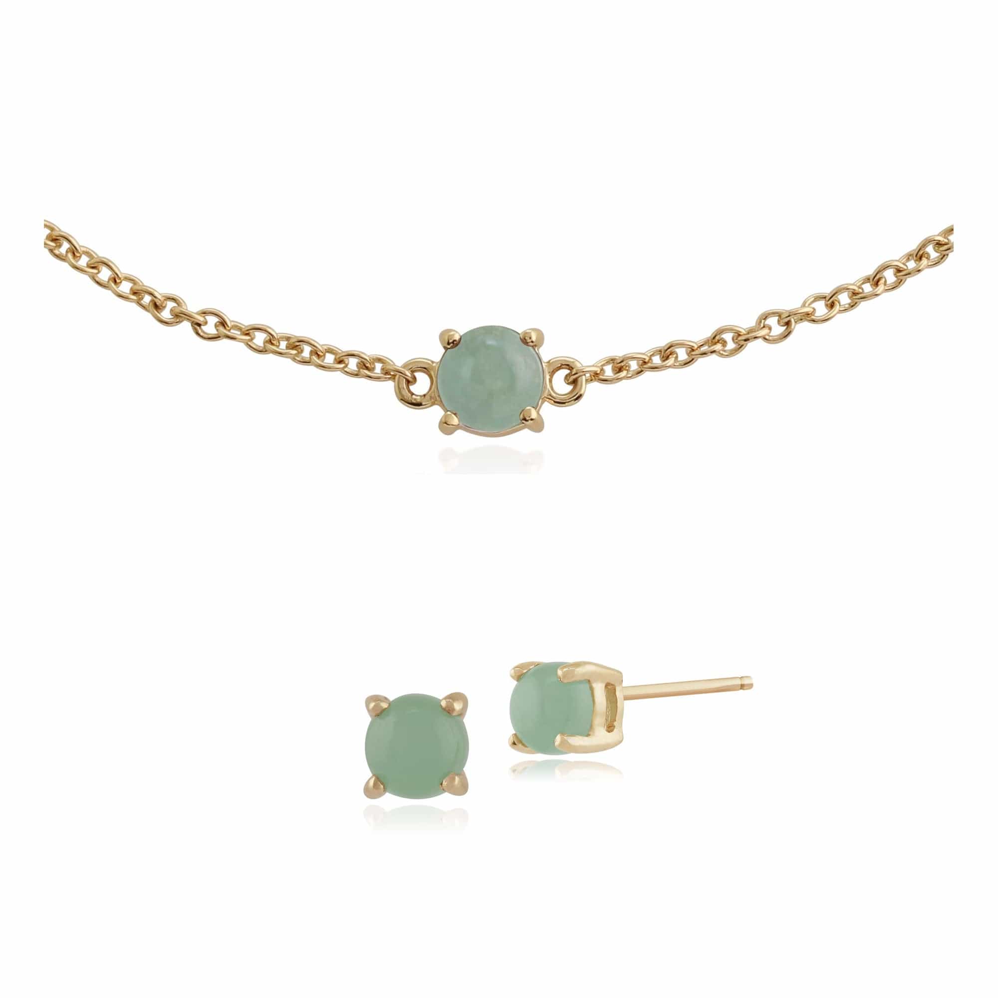 26943-135L0188189 Classic Round Jade Single Stone Stud Earrings & Bracelet Set in 9ct Yellow Gold 1