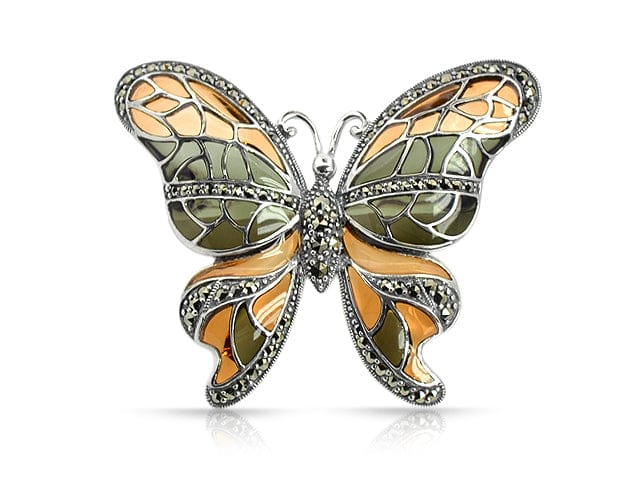Art Nouveau Style Marcasite & Enamel Butterfly Brooch in 925 Sterling Silver - Gemondo