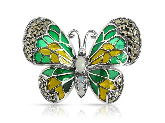 Art Nouveau Style Opal Marcasite & Enamel Butterfly Brooch in Sterling Silver - Gemondo