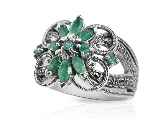 Art Nouveau Style Marquise Emerald & Marcasite Floral Silver Cocktail Ring - Gemondo