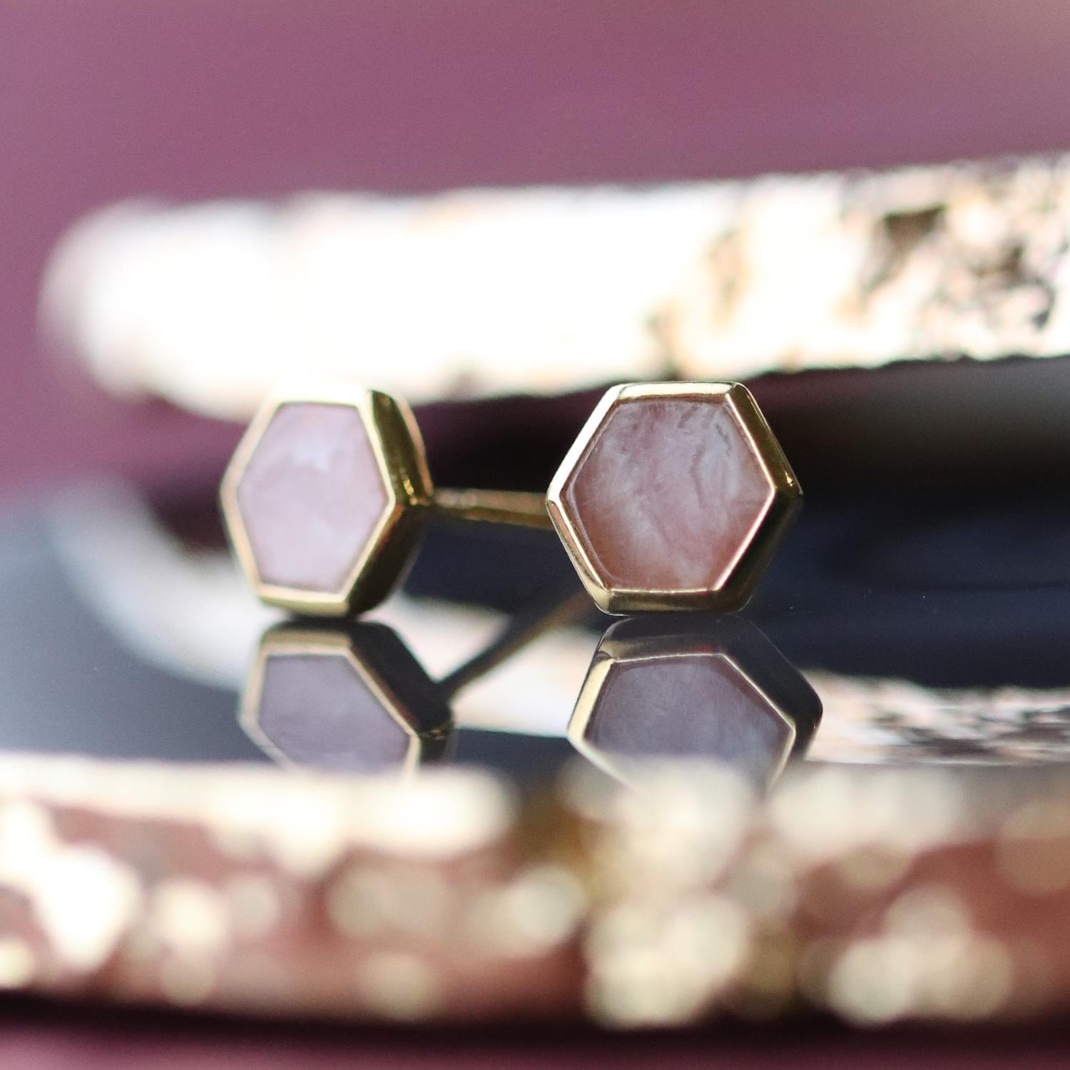 Rhodochrosite Hexagon Stud Earrings in Gold Plated Sterling Silver