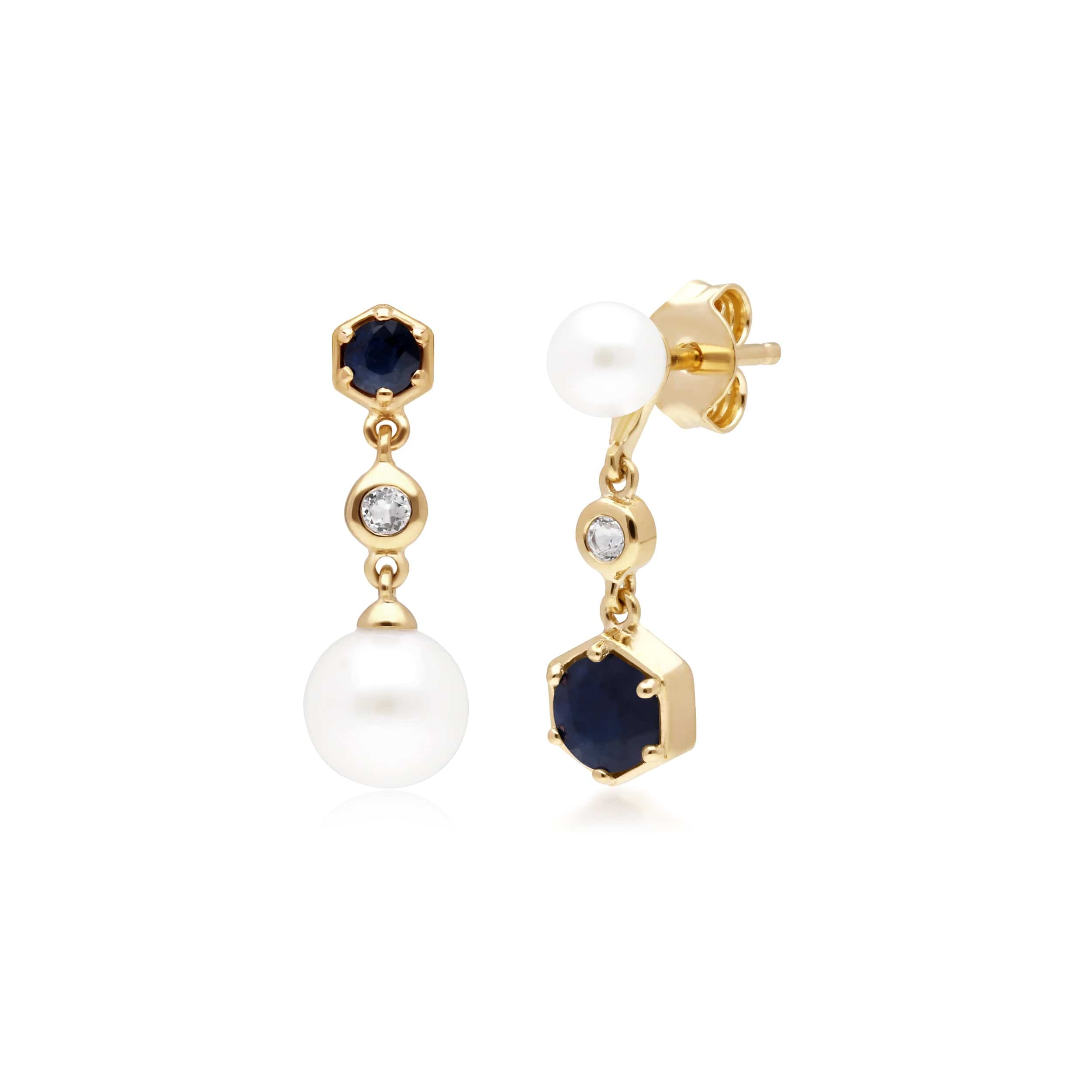 Modern Pearl, Sapphire & Topaz Mismatched Drop Earrings in Gold Plated Sterling Silver