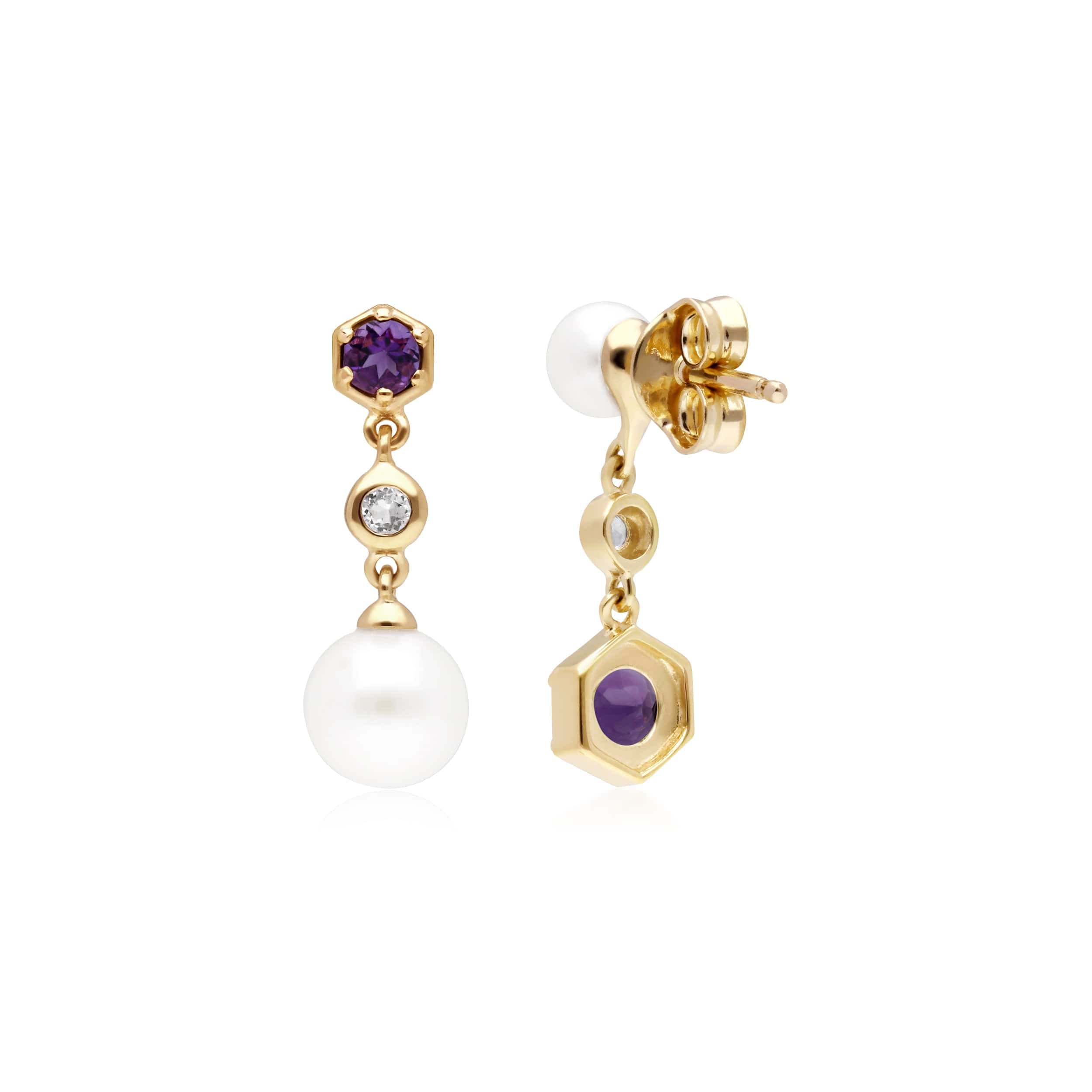 Modern Pearl, Amethyst & Topaz Mismatched Drop Earrings in Gold Plated Silver 1