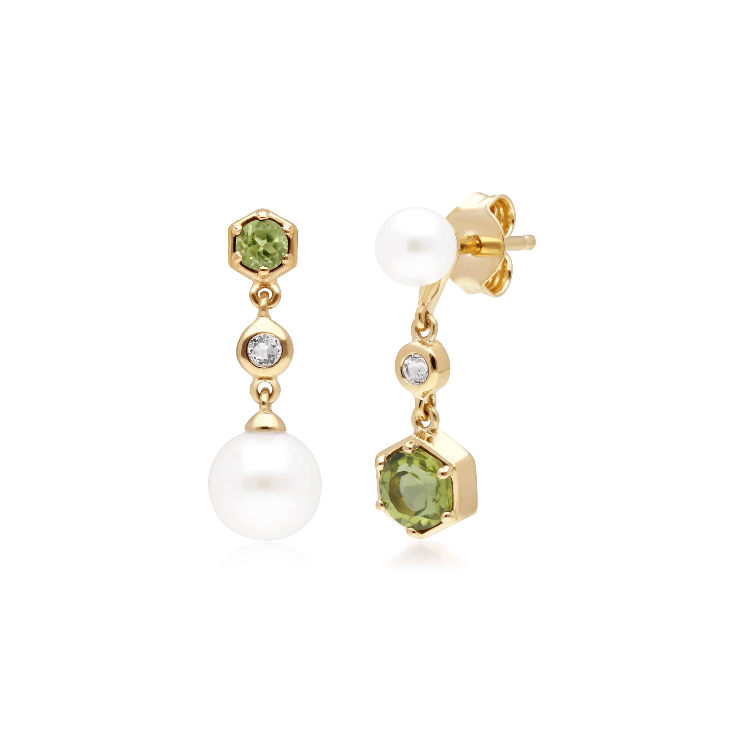 Modern Pearl, Peridot & Topaz Mismatched Drop Earrings in Gold Plated Silver - Gemondo