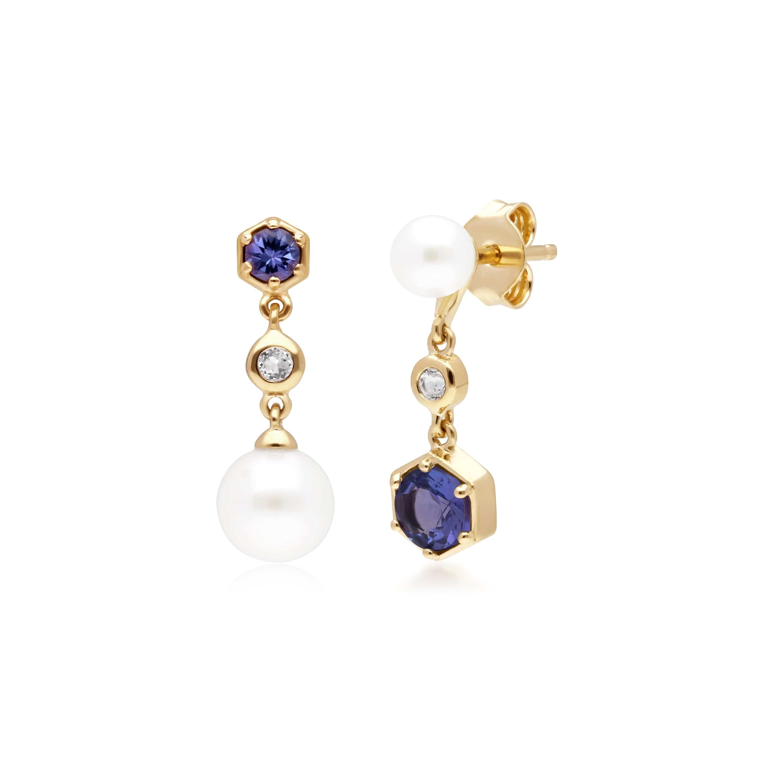 Modern Pearl, Tanzanite & Topaz Mismatched Drop Earrings in Gold Plated Sterling Silver