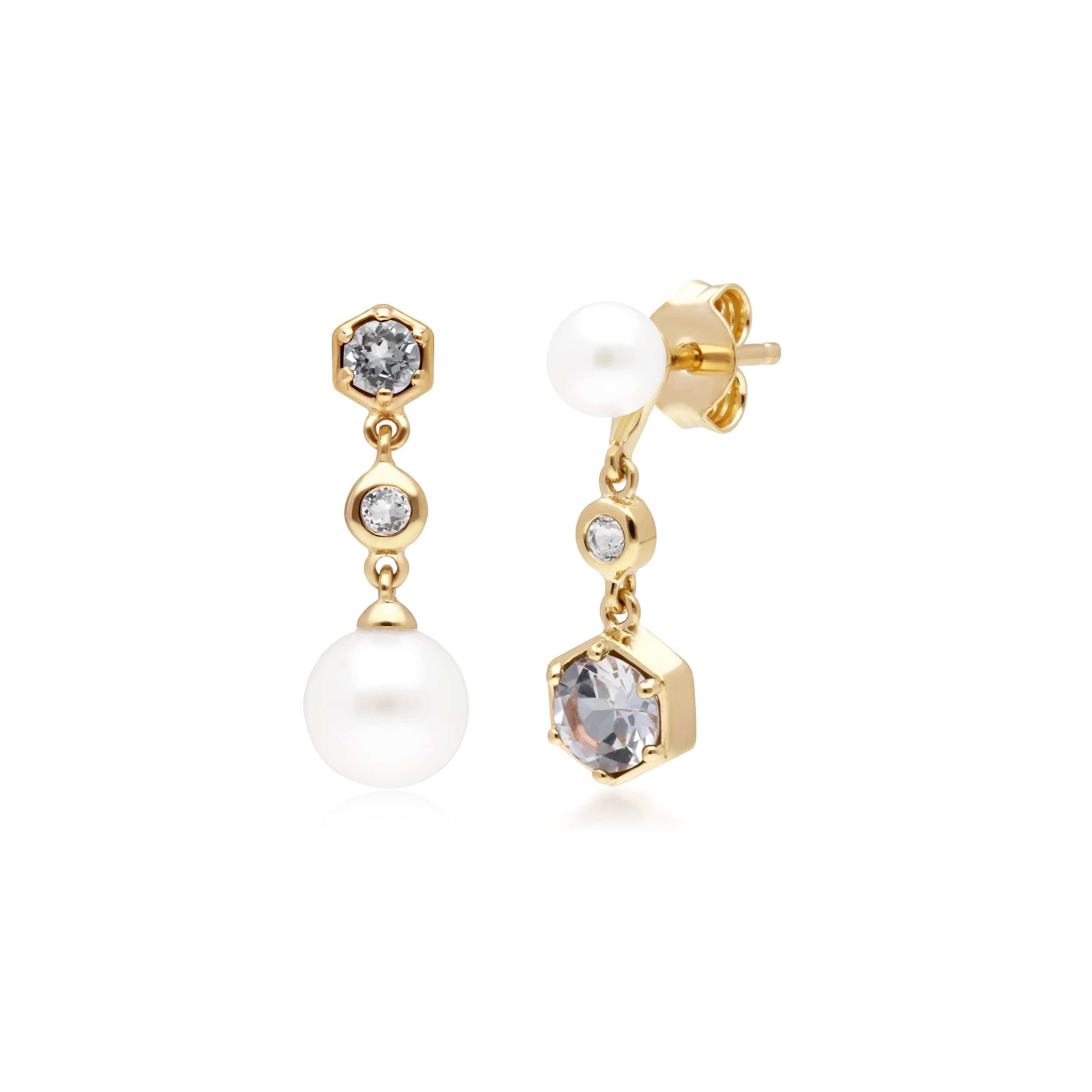 Modern Pearl, White Topaz Mismatched Drop Earrings in Gold Plated Silver