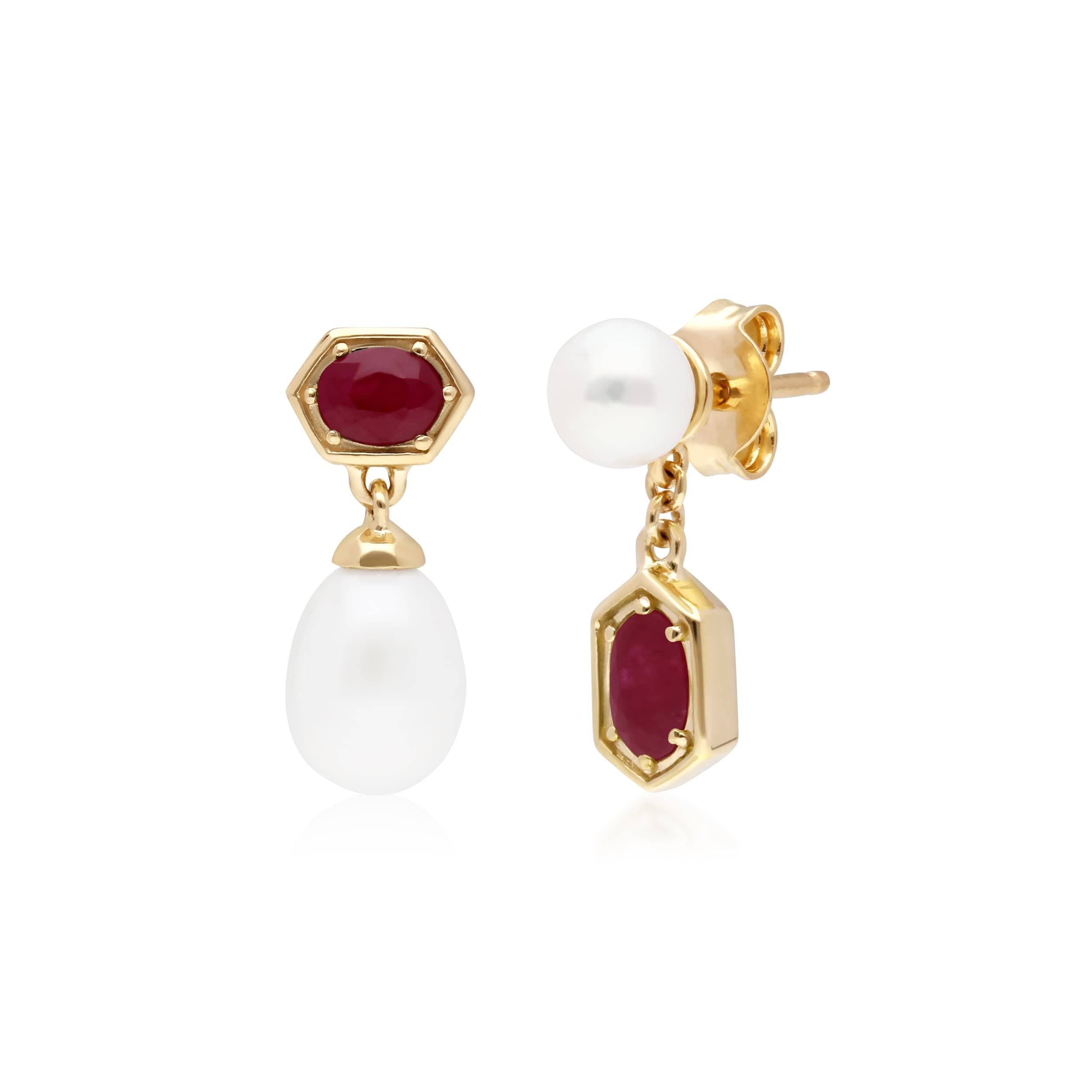 Modern Pearl & Ruby Mismatched Drop Earrings in Gold Plated Silver