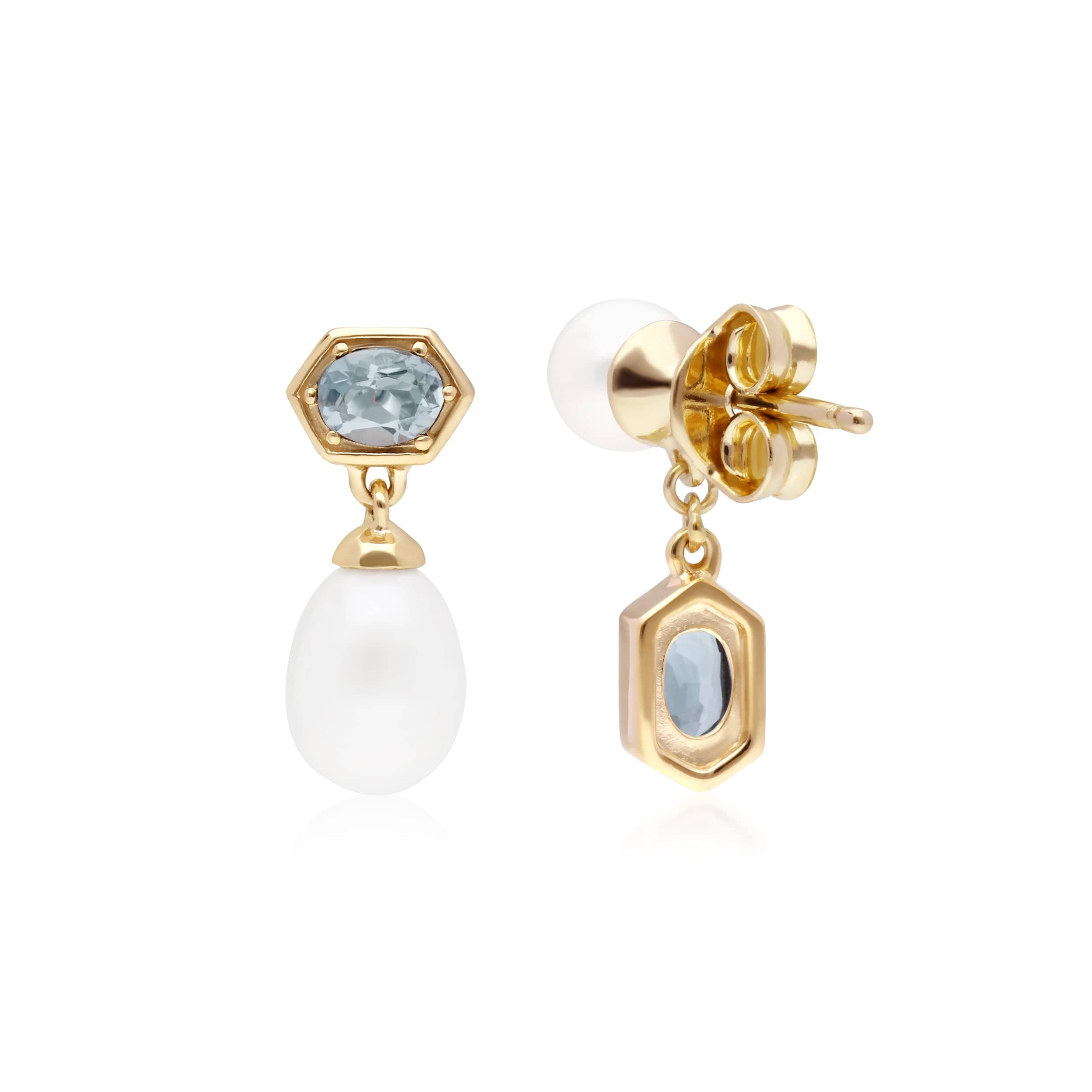 Modern Pearl & Aquamarine Mismatched Drop Earrings in Gold Plated Silver - Gemondo