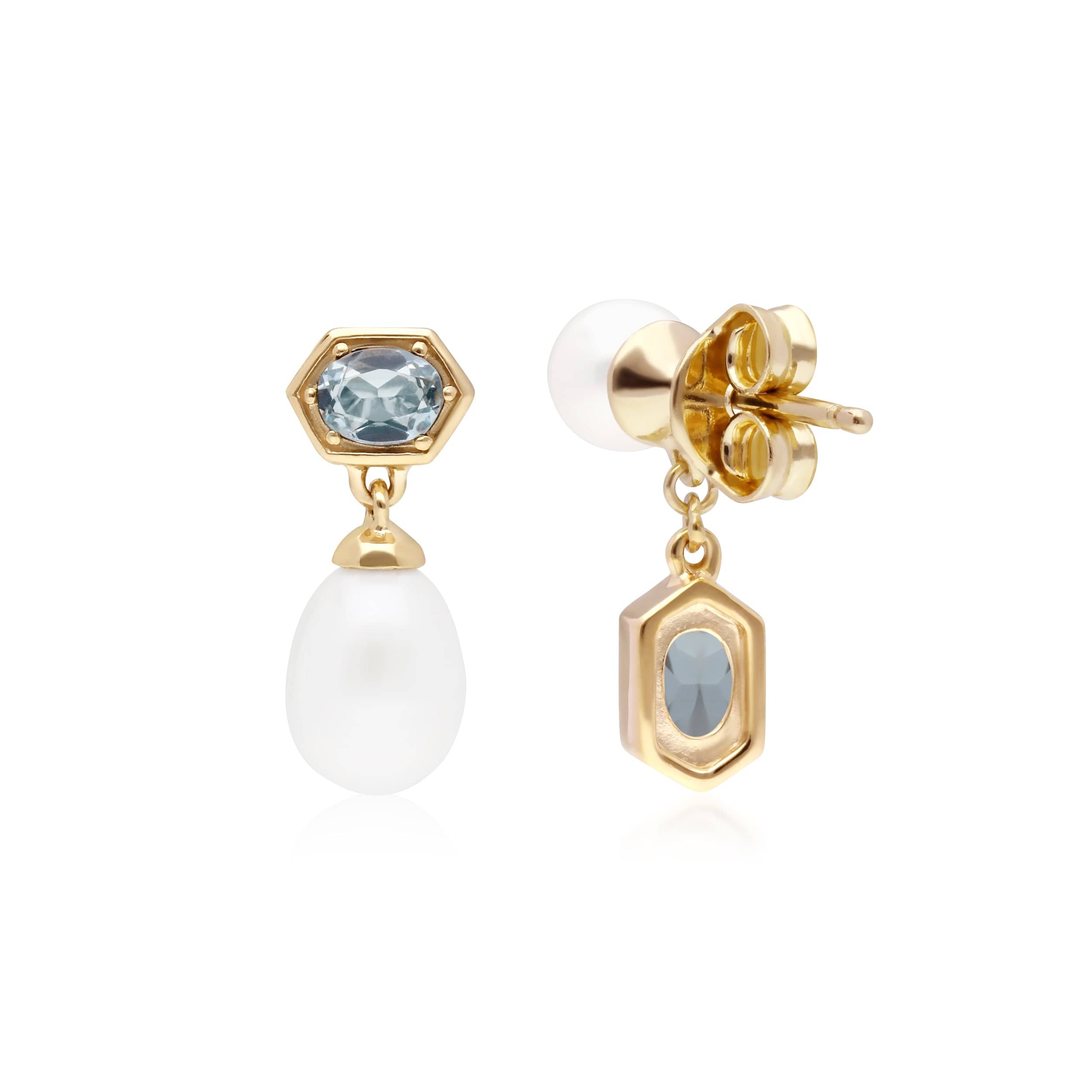 Modern Pearl & Blue Topaz Mismatched Drop Earrings in Gold Plated Silver - Gemondo