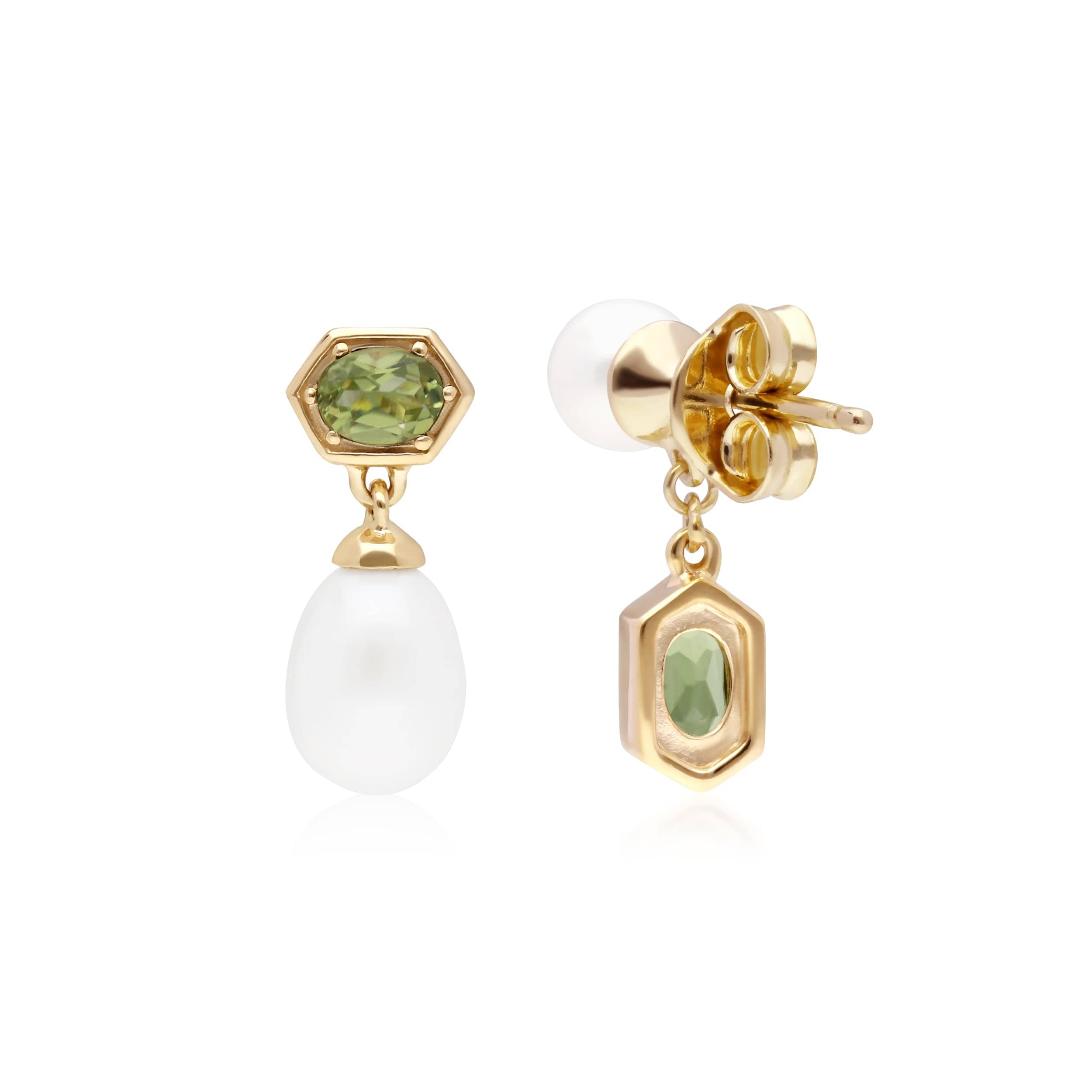 Modern Pearl & Peridot Mismatched Drop Earrings in Gold Plated Silver - Gemondo