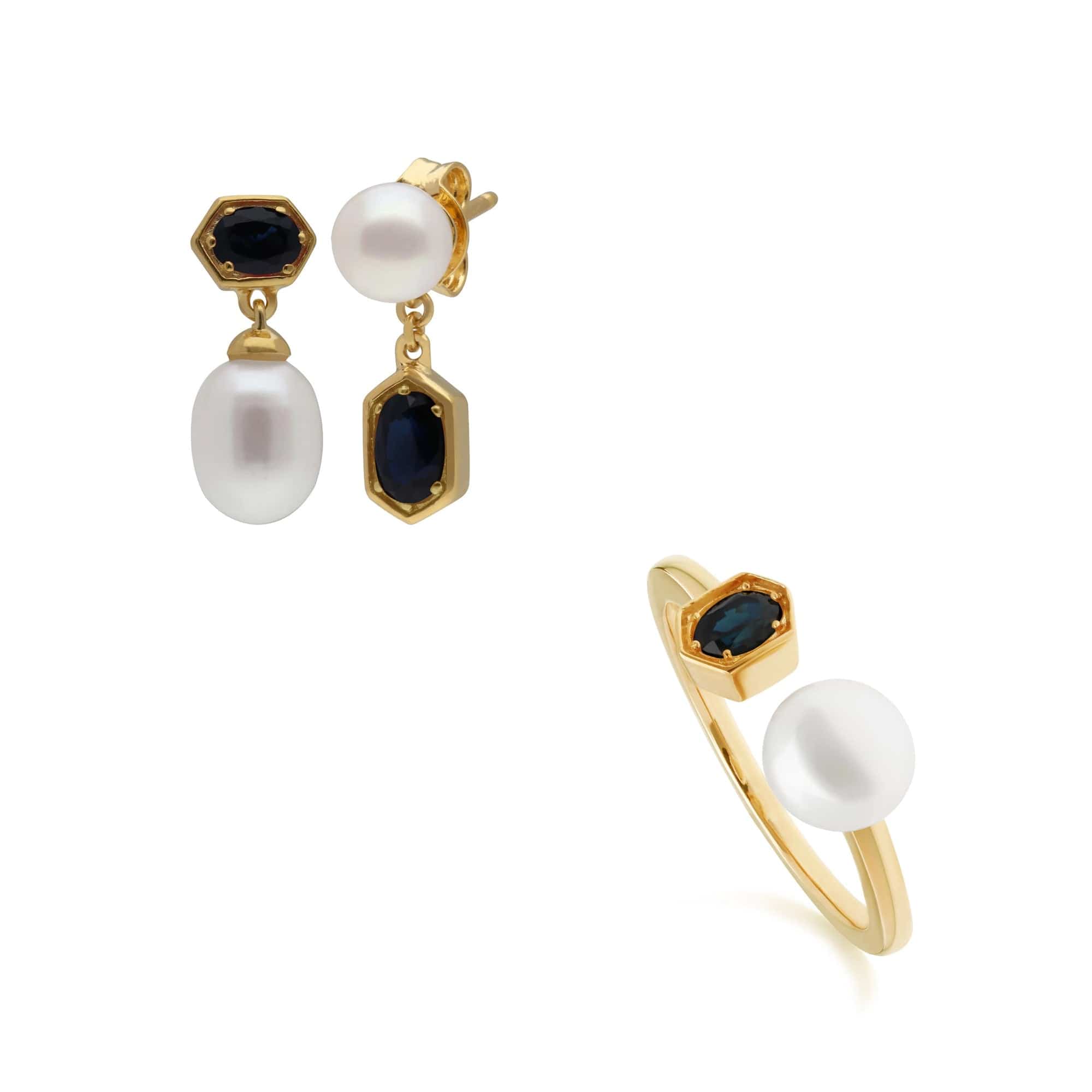 Modern Pearl & Sapphire Earring & Ring Set in Gold Plated Silver