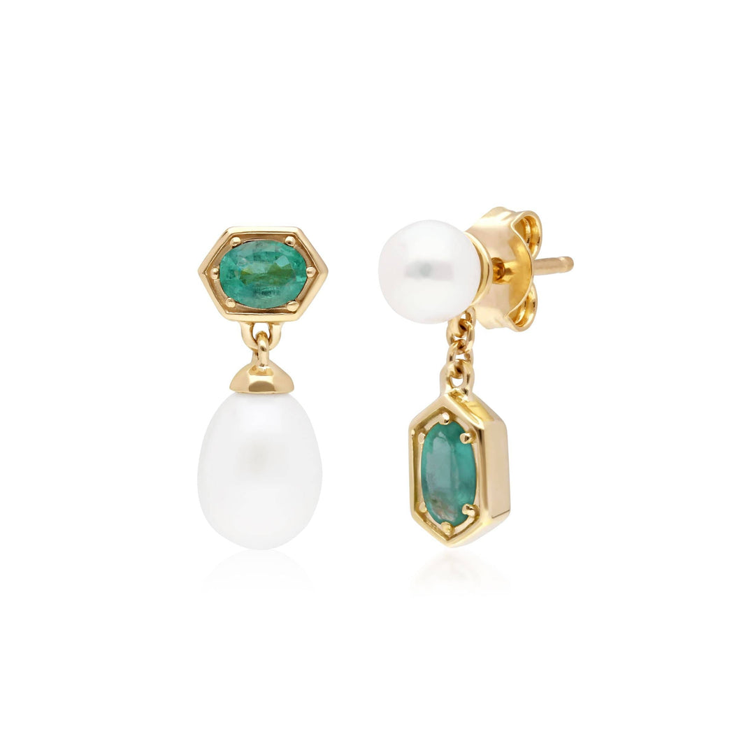 270E030203925 Modern Pearl & Emerald Mismatched Drop Earrings in Gold Plated Silver 1